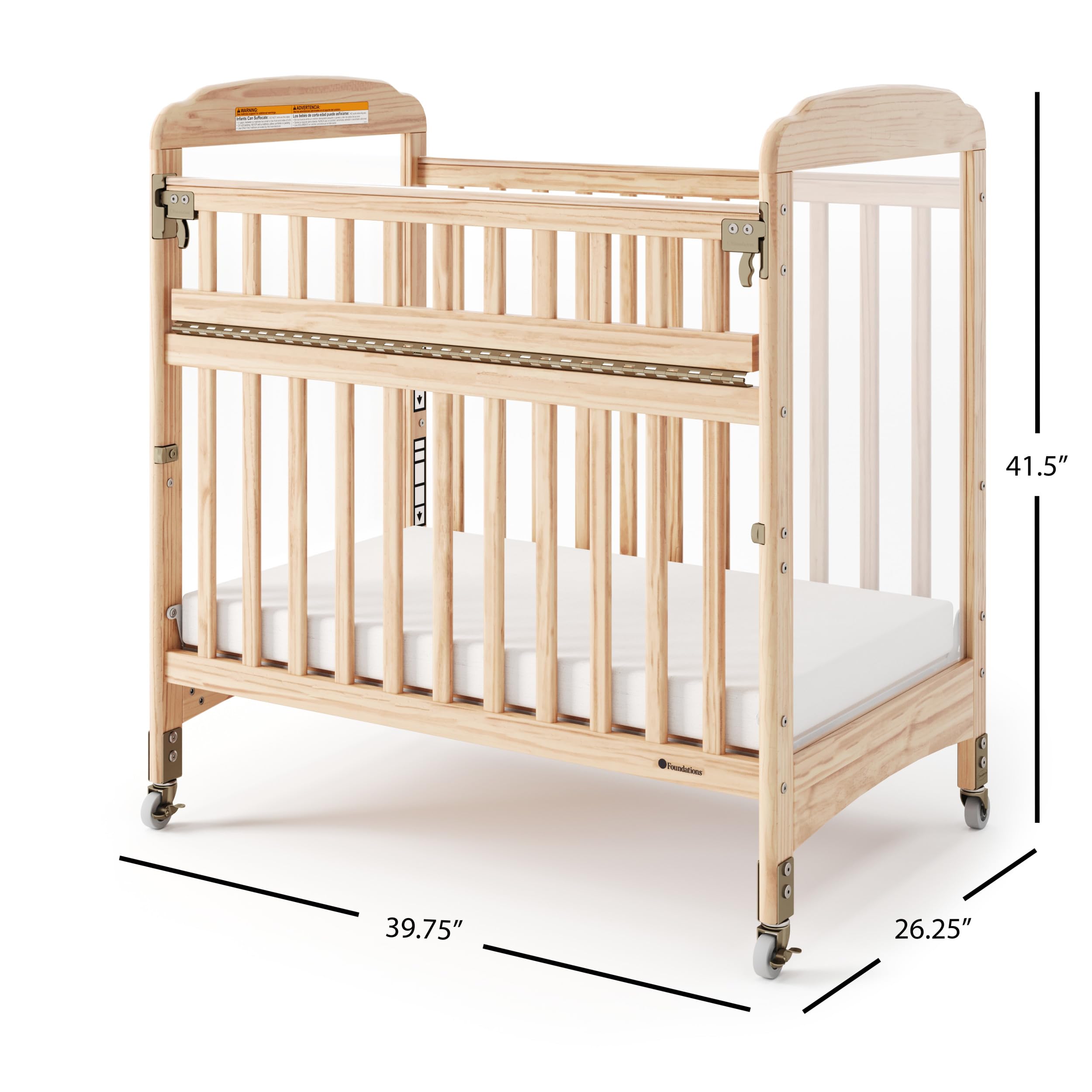 Foundations Serenity SafeReach Crib with Adjustable Mattress Board, Compact Wooden Baby Crib with Commercial Grade Casters, Clear End Panels for Child Visibility, Includes 3” Foam Mattress (Natural)