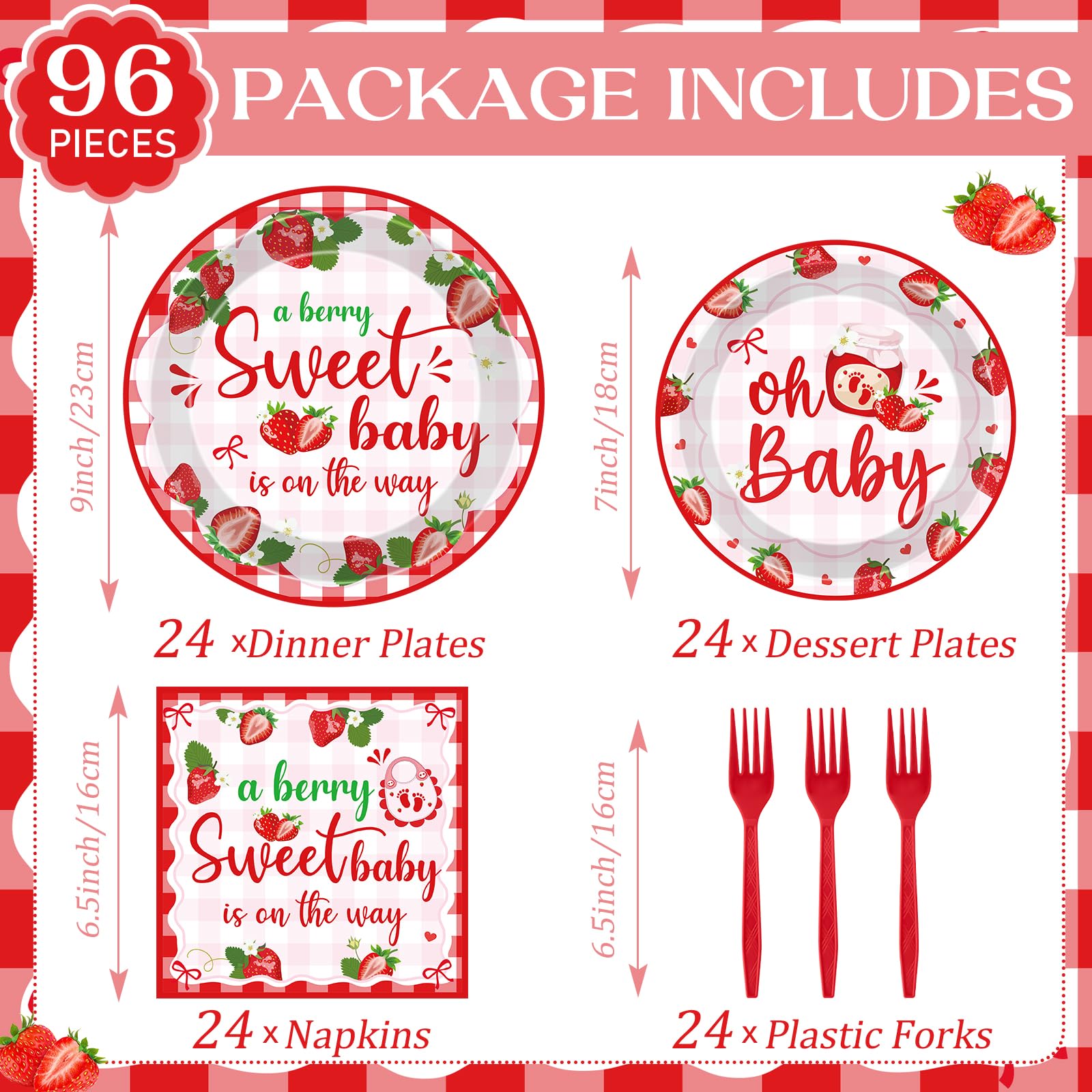 VorkiVecKi Strawberry Baby Shower Decorations - 96 Pcs Pink A Berry Sweet Baby Is on The Way Plates Napkins Supplies for Girls Gender Reveal Party Disposable Shortcake Tableware Sets Serves 24 Guests