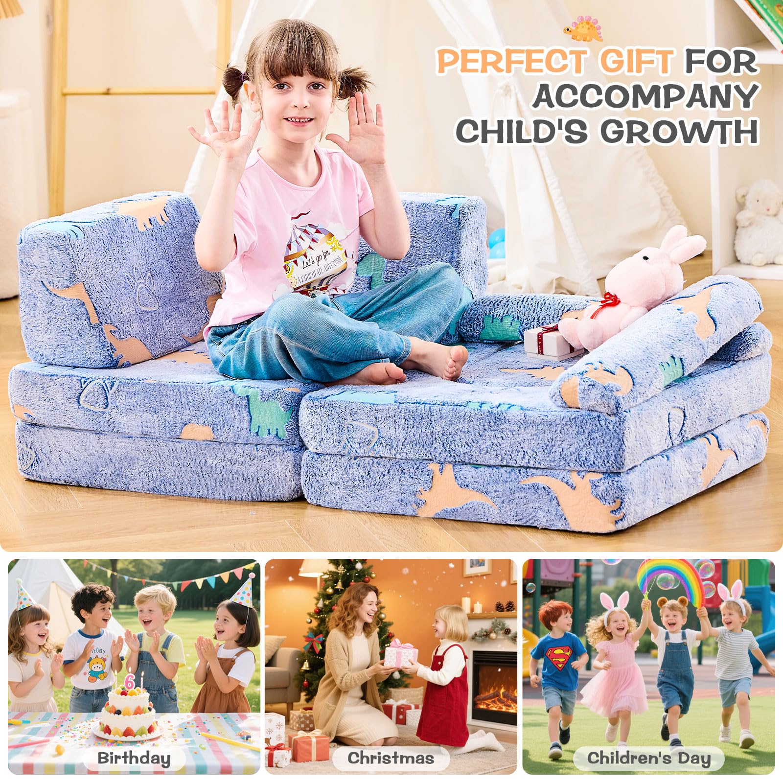 Modular Kids Play Couch with Glow-in-Dark Dinosaur Design