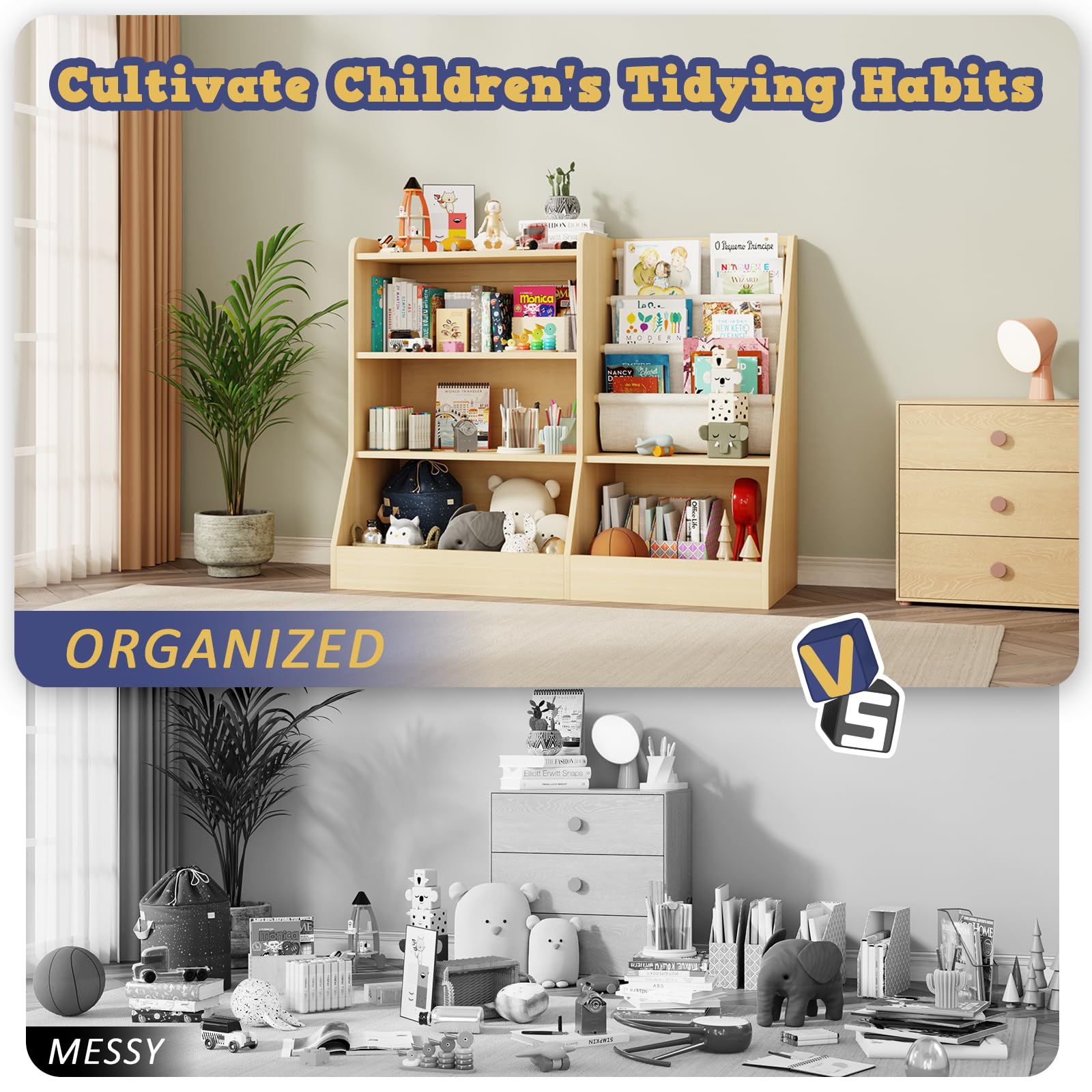Kids Wooden Bookshelf and Toy Storage Organizer with Sling Book Rack