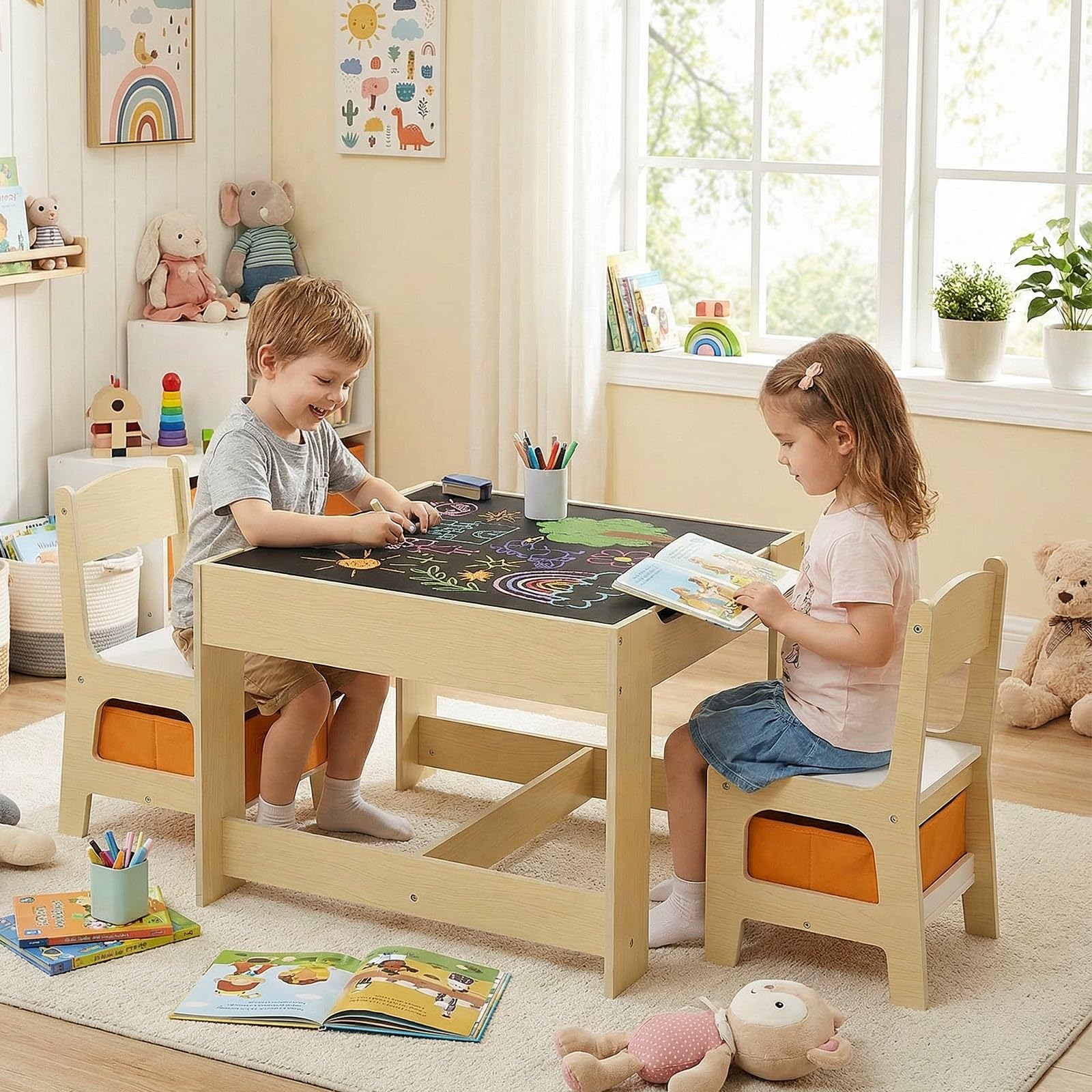 Kids Table and Chair Set with Storage and Reversible Blackboard