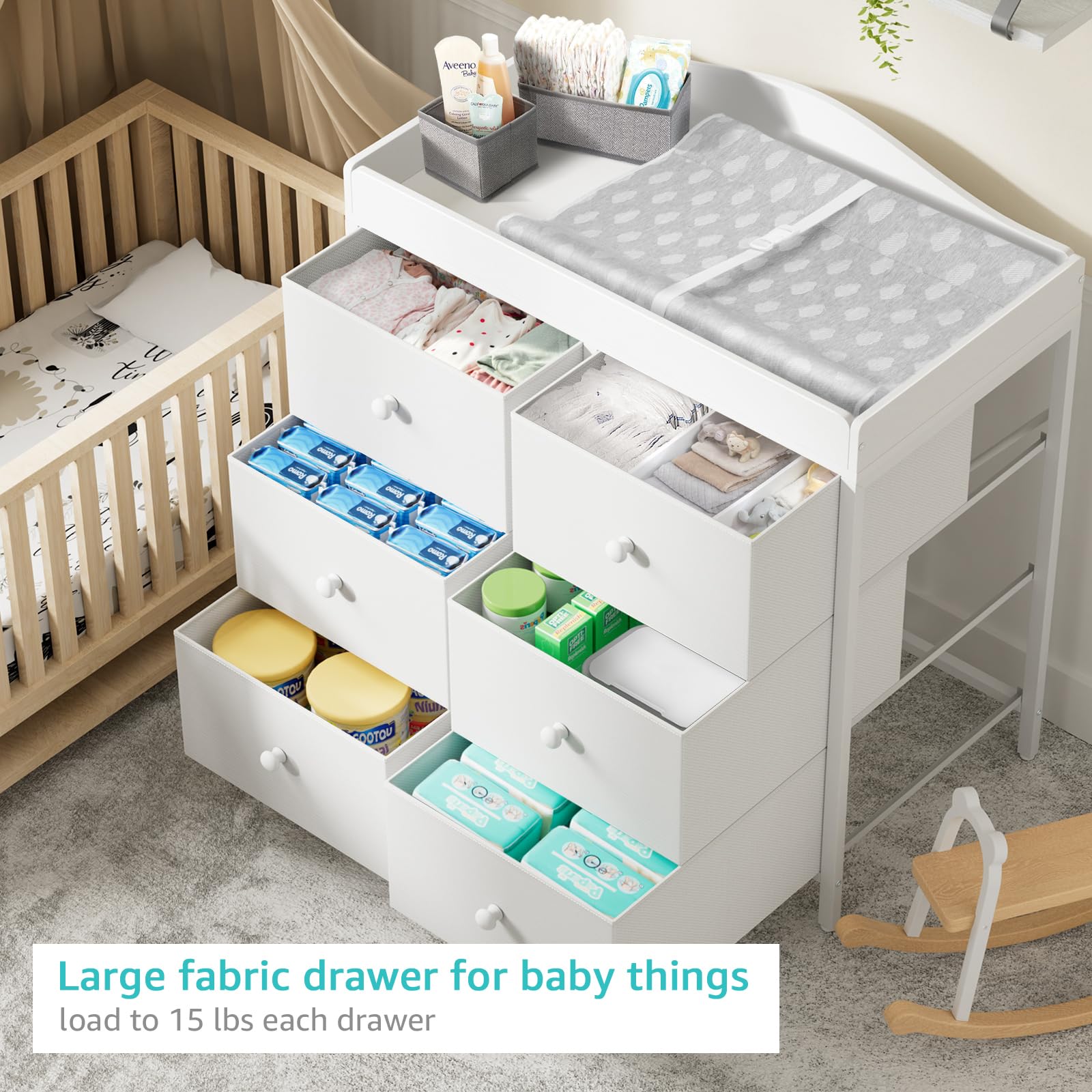Changing Table Dresser with 6 Fabric Drawers