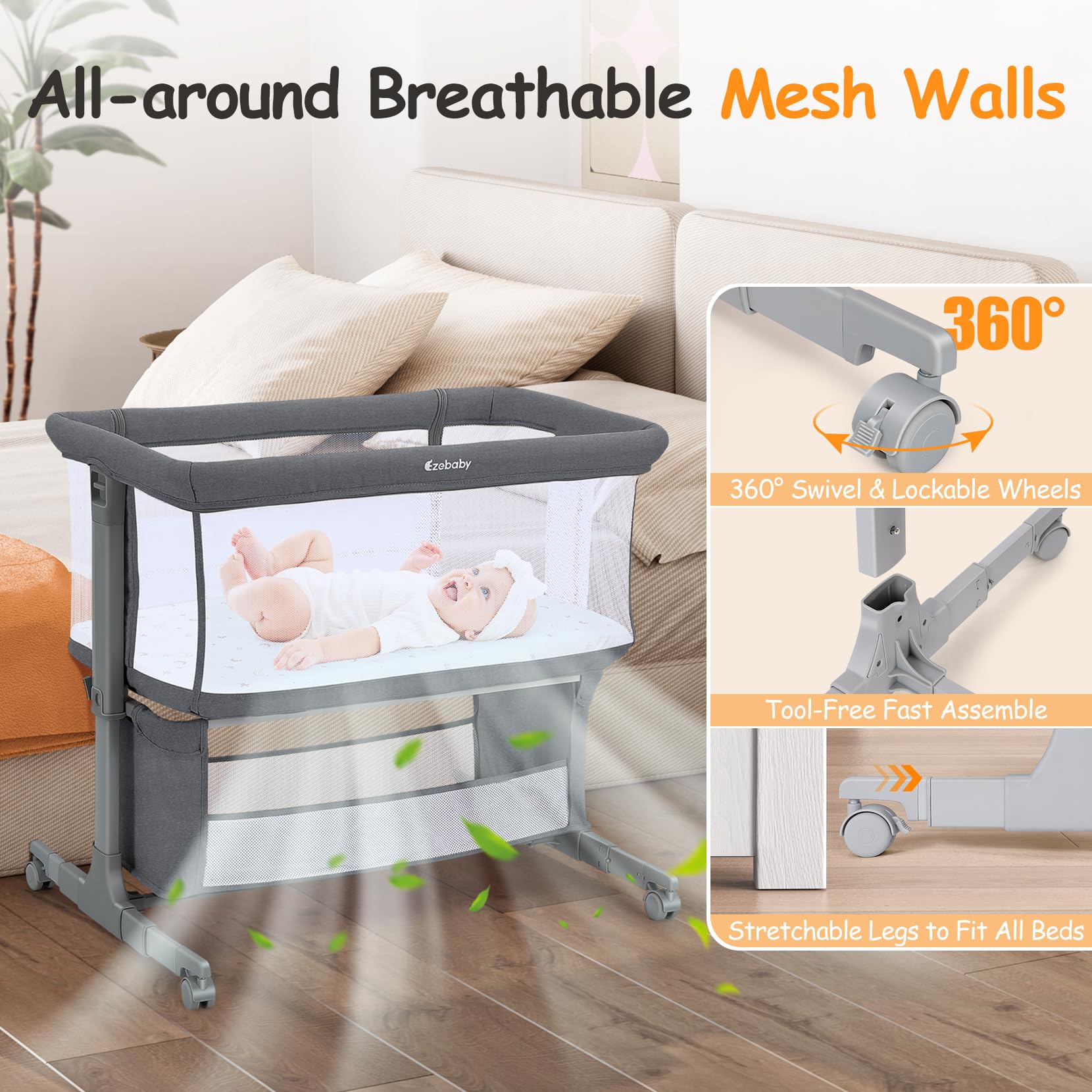 Bedside Bassinet with Adjustable Height and Wheels