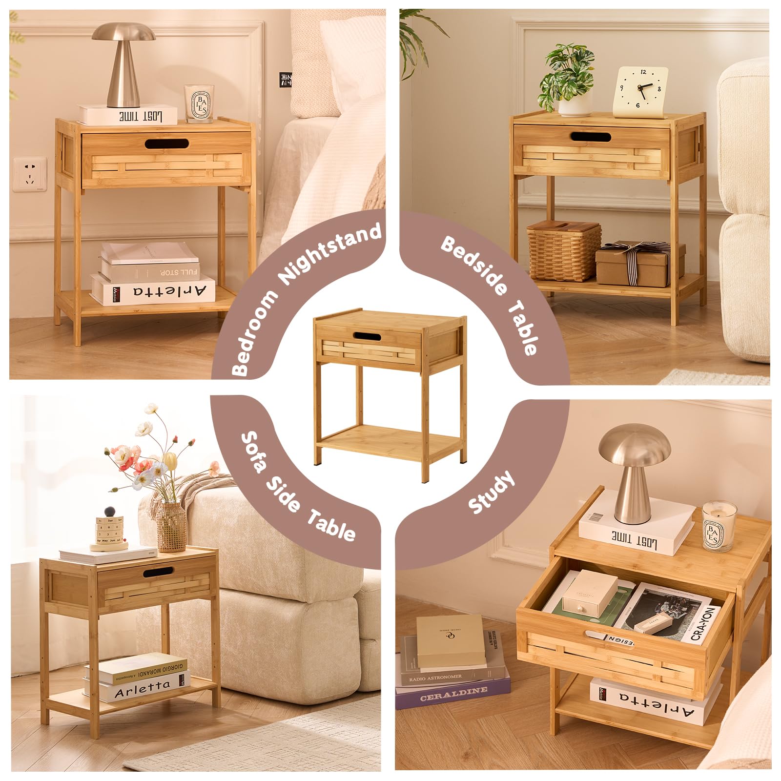 Bamboo Nightstand with Drawer and Storage Shelves