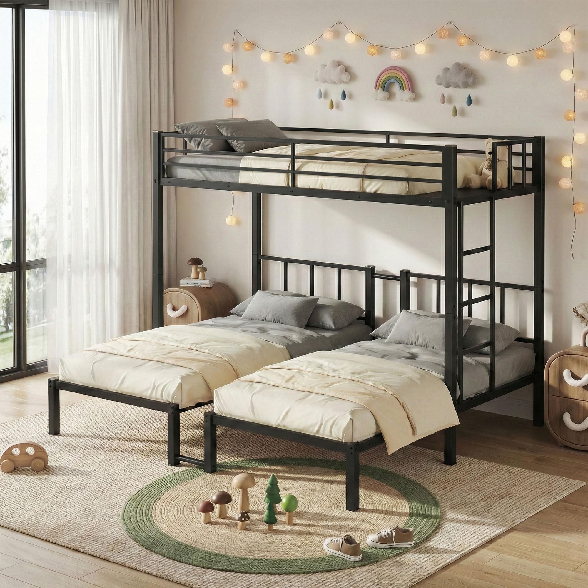 Triple Bunk Bed Metal Frame with Guardrails and Ladder