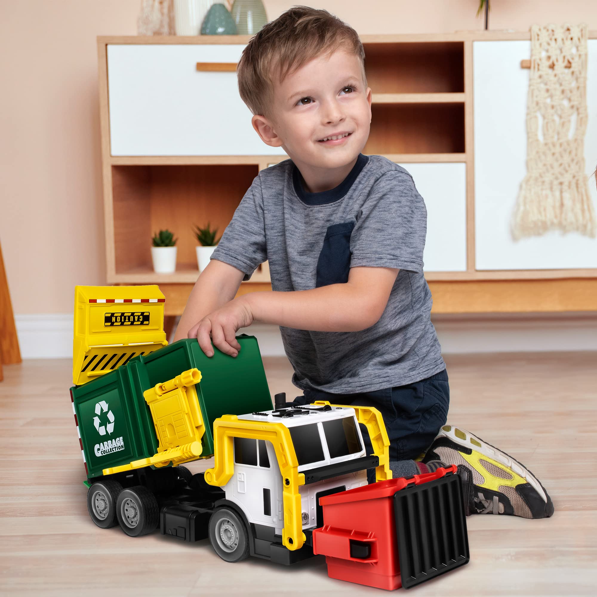 Large Friction Powered Garbage Truck Toy Set, Includes Dumpster, Trash Bins