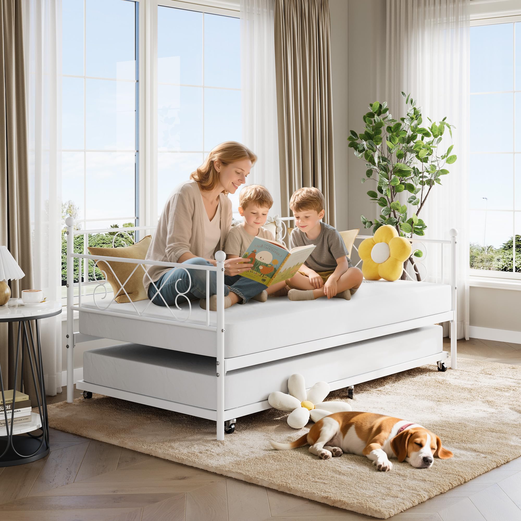 Twin Metal Daybed with Trundle, Premium Steel Slat Support