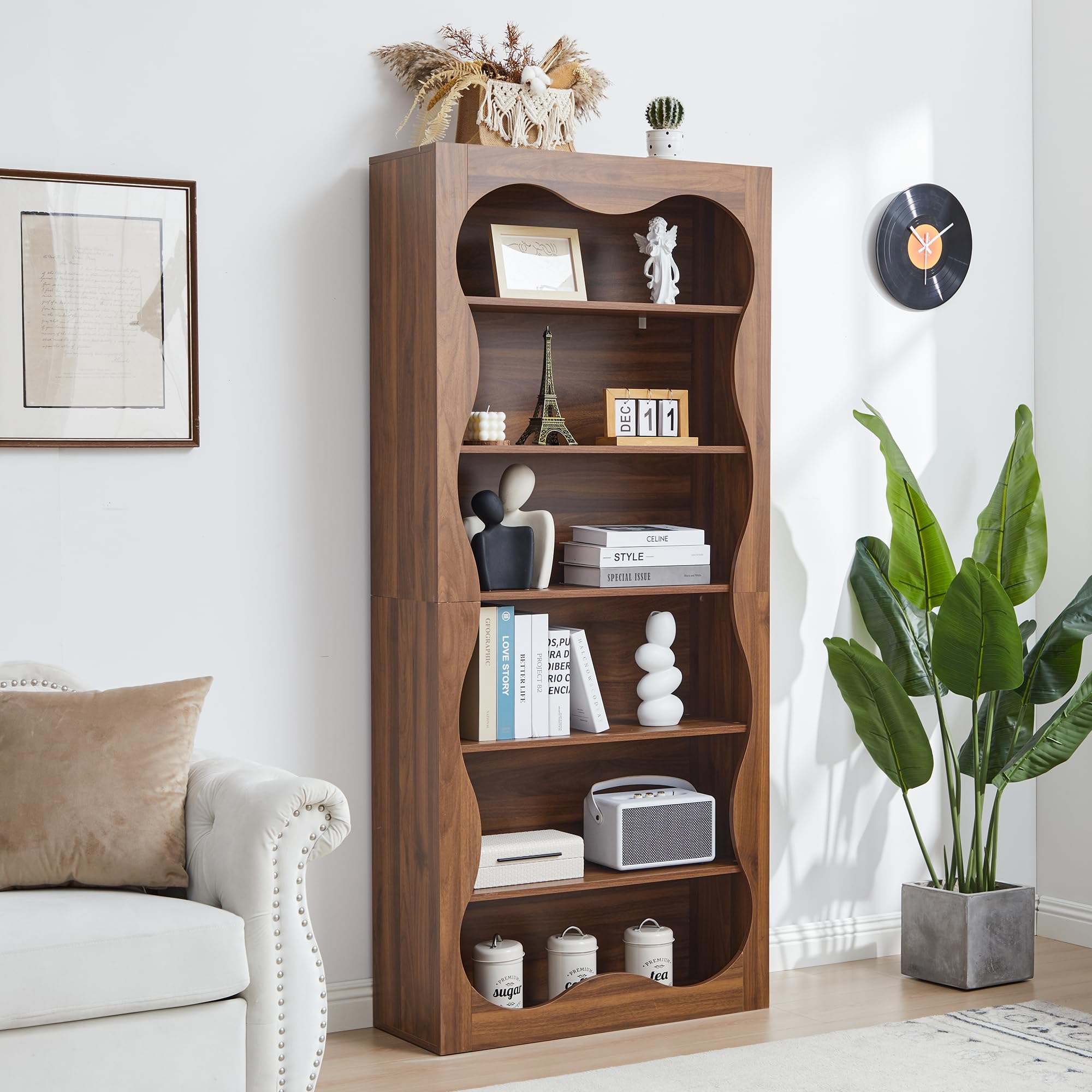 6 Tier Tall Bookshelf Wooden Storage Display Shelves