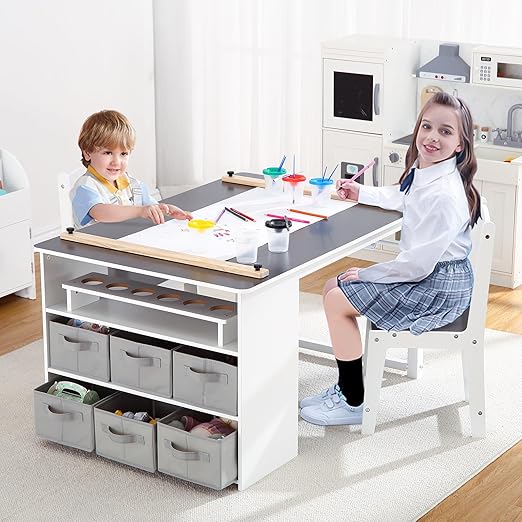 4 In 1 Kids Art Table and Chair Set,Toddler Craft Large Storage Desk