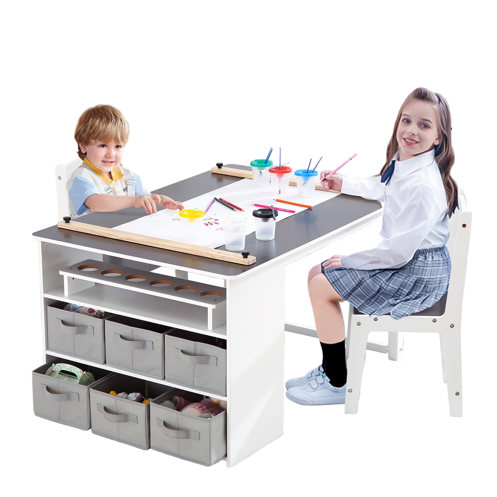 4 In 1 Kids Art Table and Chair Set,Toddler Craft Large Storage Desk