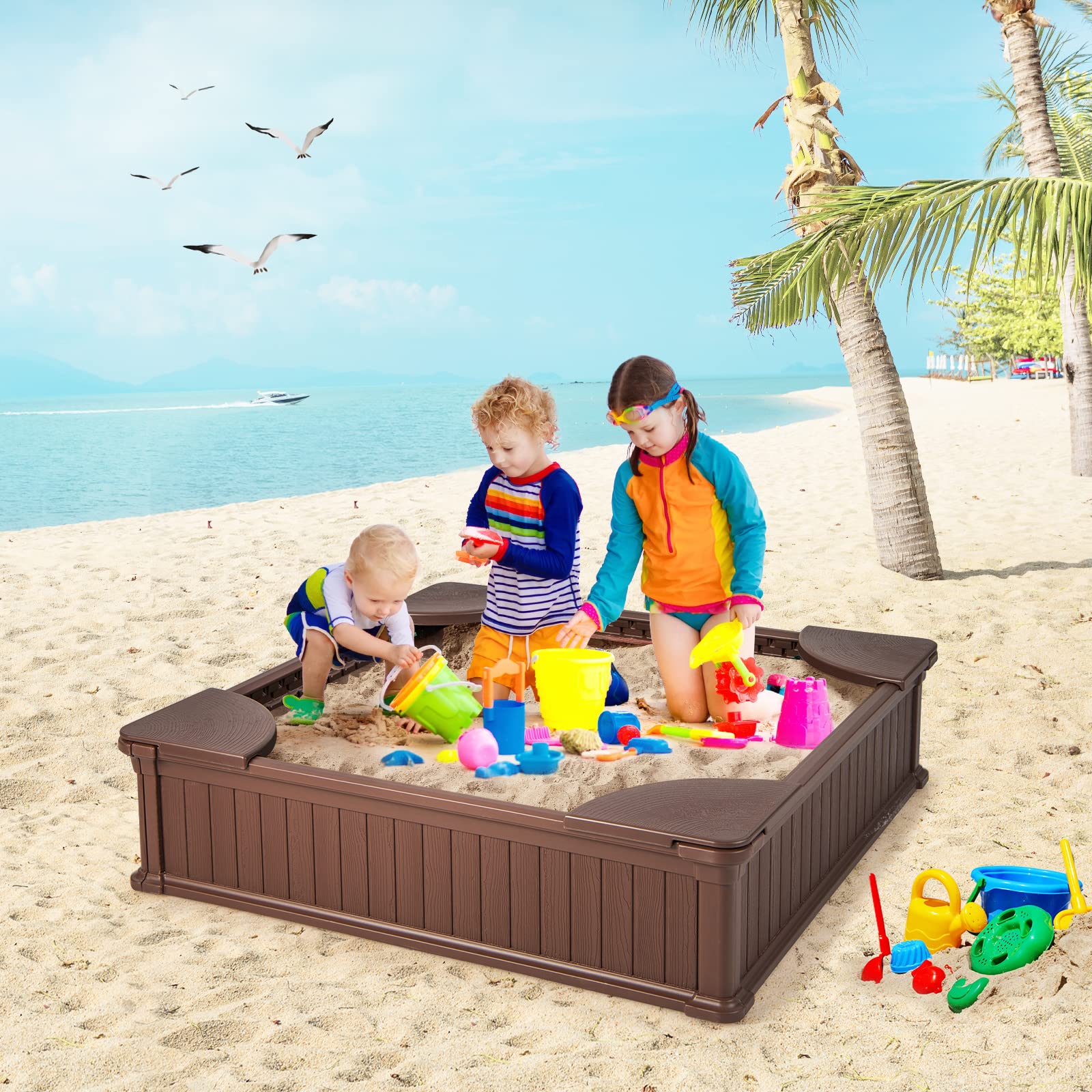 12.5" Kids Sandbox with Cover, 48 x 48 Inch Large HDPE Pit for Backyard