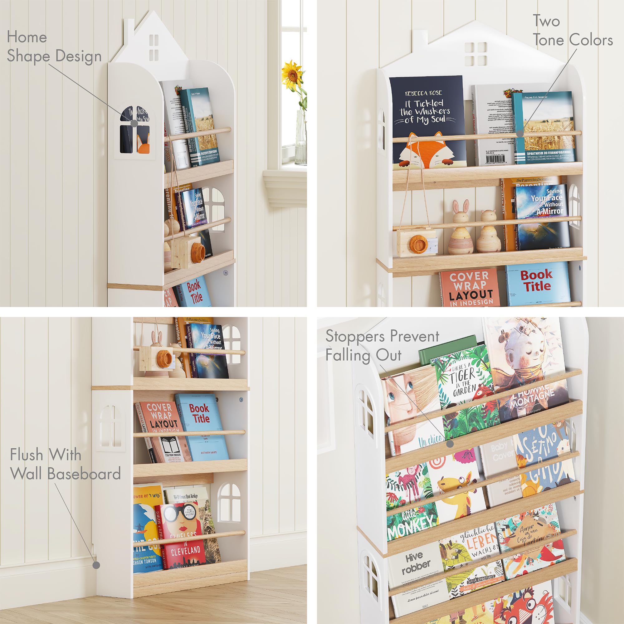 Wall Mounted Kids Bookshelf 4-Tier Storage Organizer