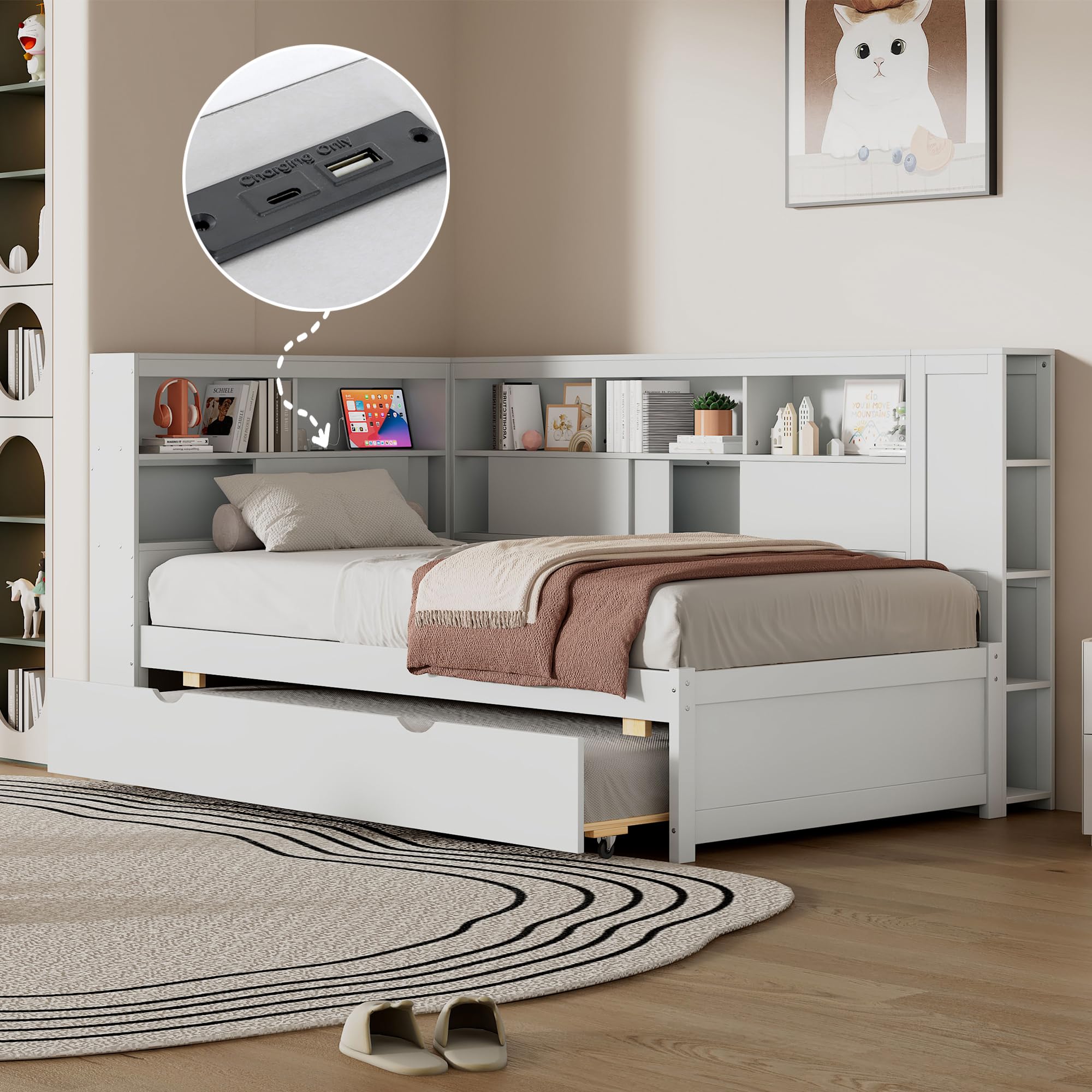 Twin Platform Bed with USB Ports and Trundle