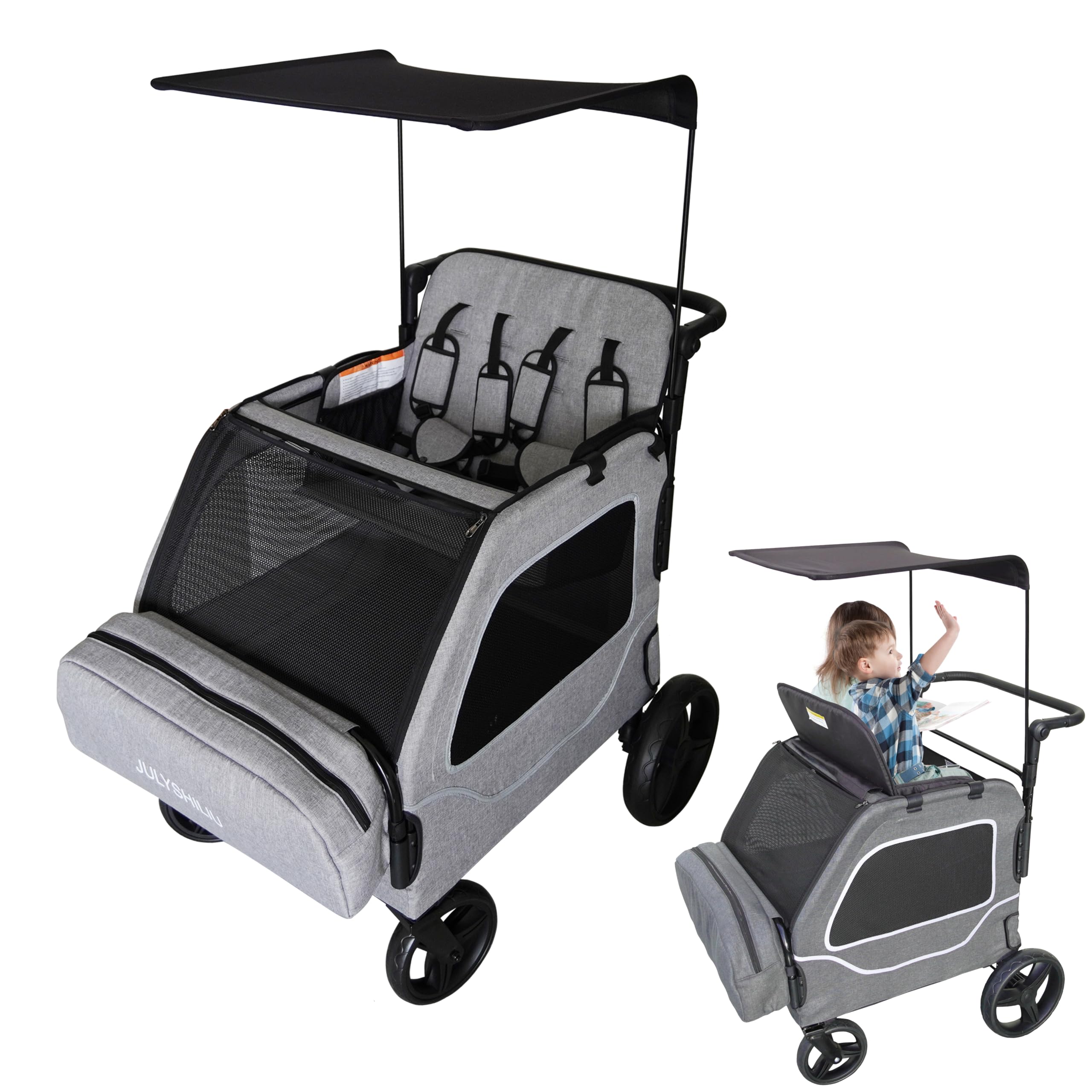 Foldable Fun Car-Shaped Wagon Stroller for 2 Kids All-Terrain Push Cart, XL Cargo Space