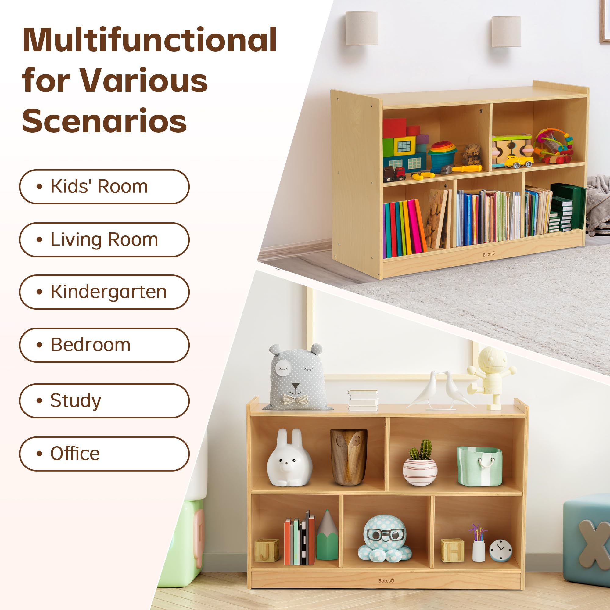 5-Section Wooden Kids Bookshelf Storage Organizer