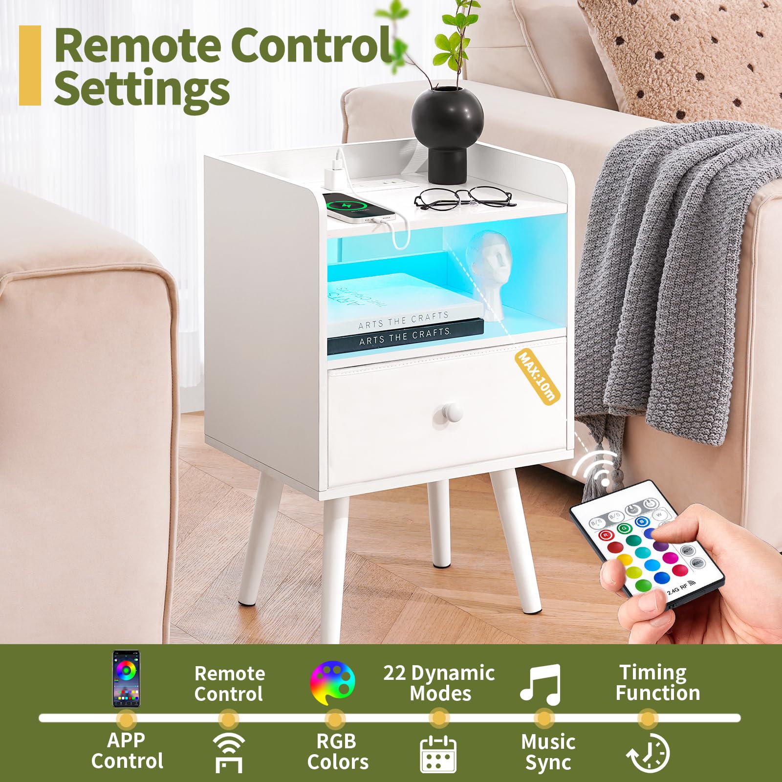 Nightstand with Charging Station and LED Lights