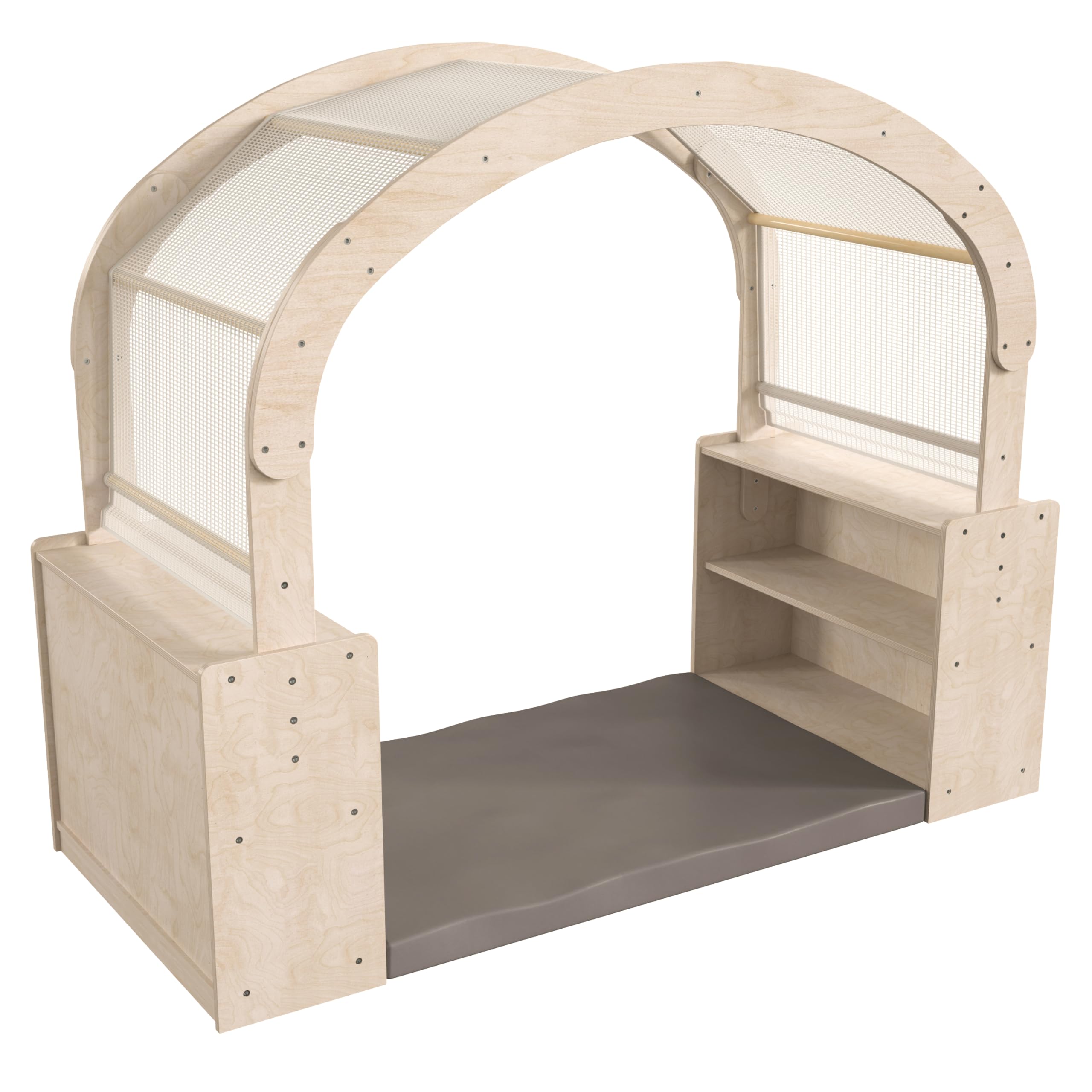 Wooden Reading Nook with Storage Shelves and Canopy