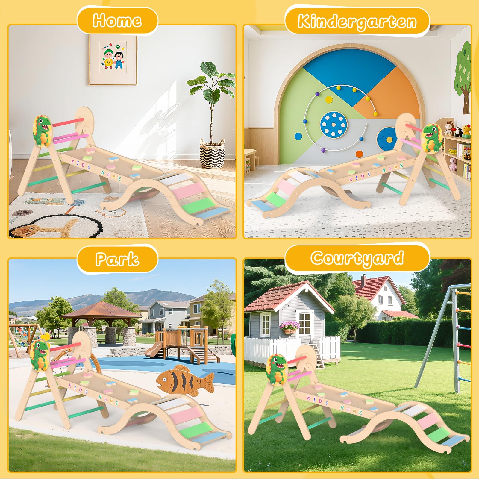 Dinosaur Pikler Triangle Climbing Set with Arch Ramp and Cushion