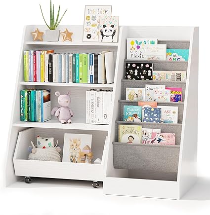 Kids Bookshelf and Toy Storage, 4 Tier Toddler Bookshelf with Movable