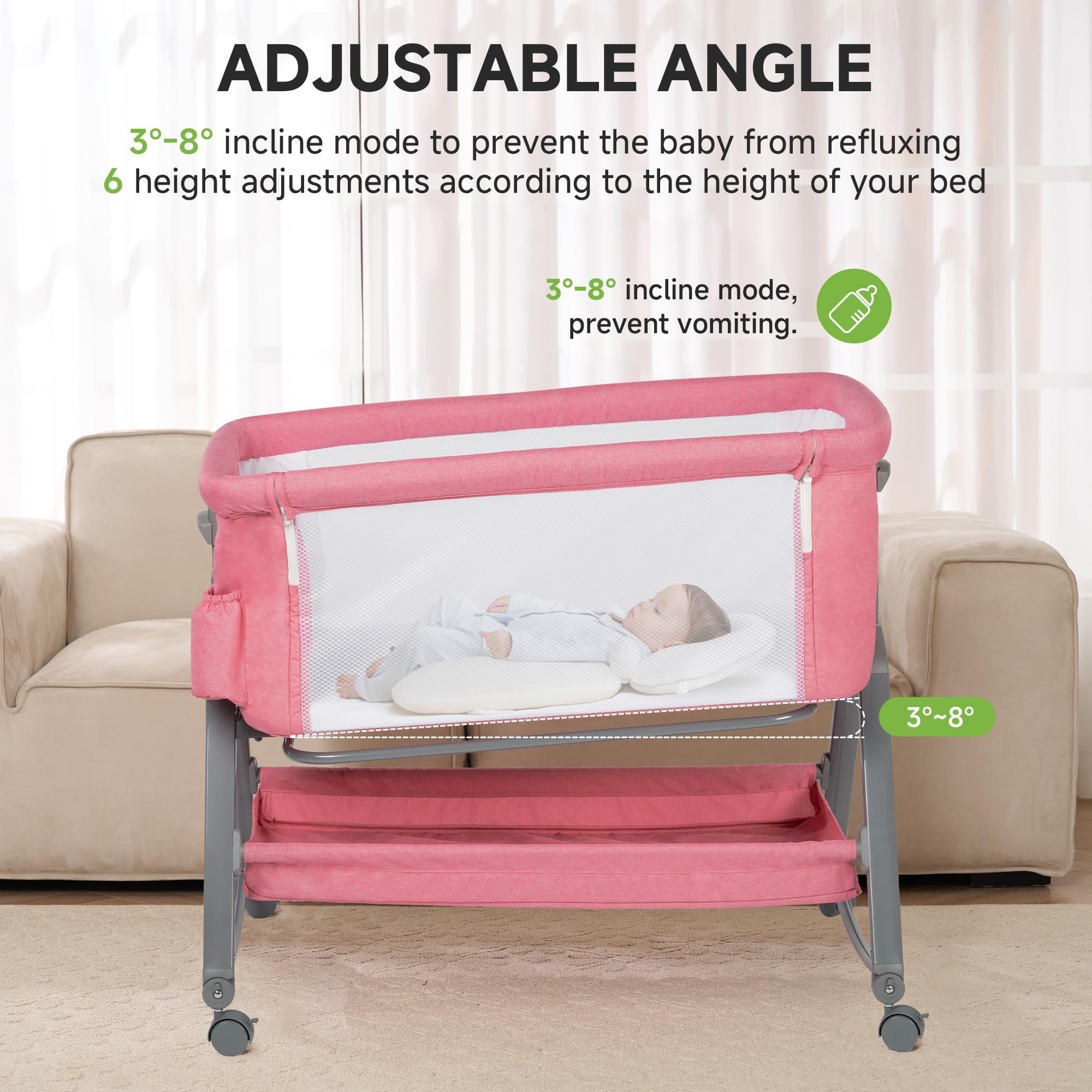 3-in-1 Bedside Bassinet with Adjustable Height and Mosquito Net