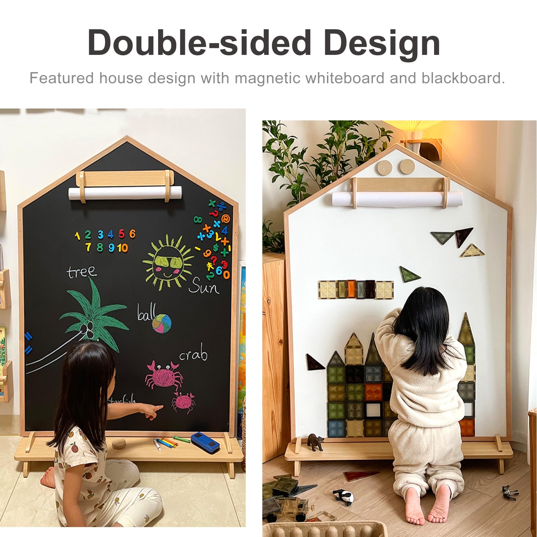 House Design Double-Sided Magnetic Drawing Board w/Detachable Roller and Bi-Storage Frame Holder for Kids, Extra Large Art Easel for Toddlers Boys and Girls Gift (Wall Mountable)
