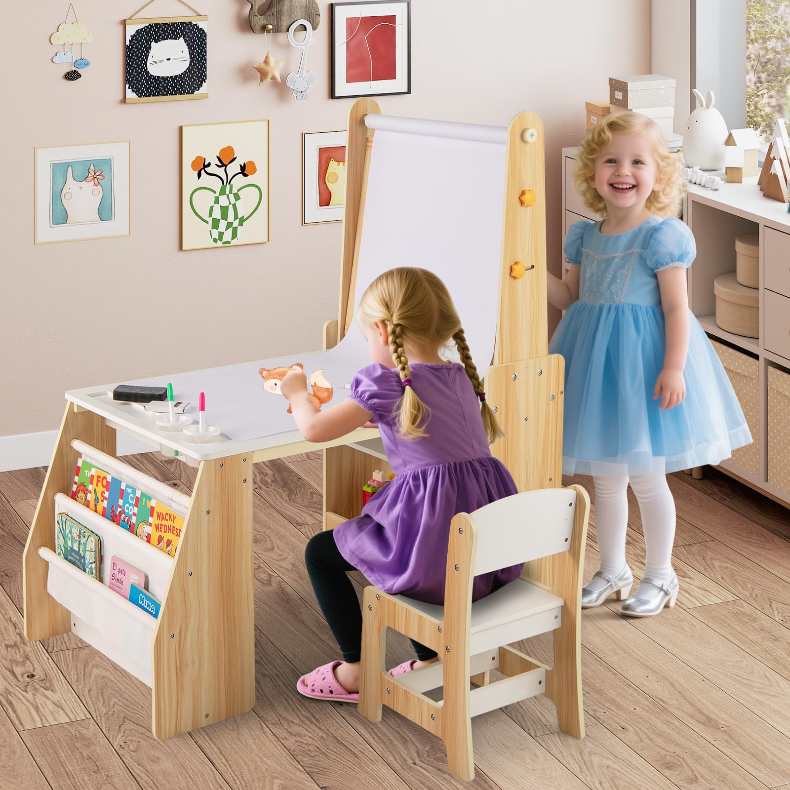 Kids Art Table and Chair Set, 4 in 1 Wooden Easel Activity Desk Set w/Whiteboard