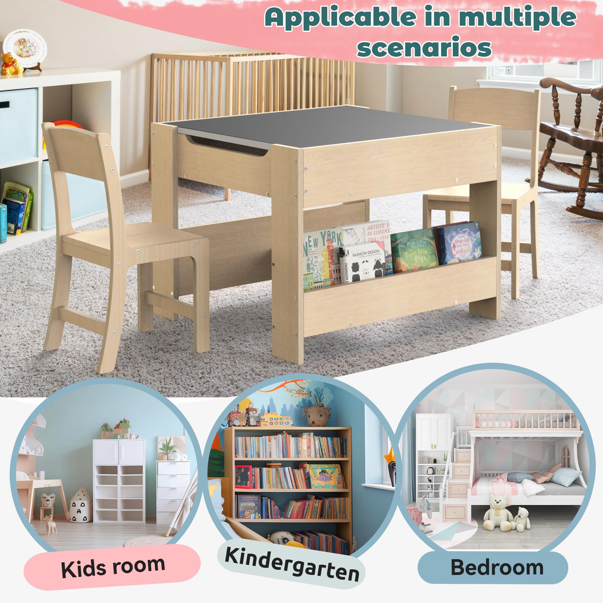 Kids Wooden Activity Desk and Chair Set with Reversible Whiteboard Chalkboard