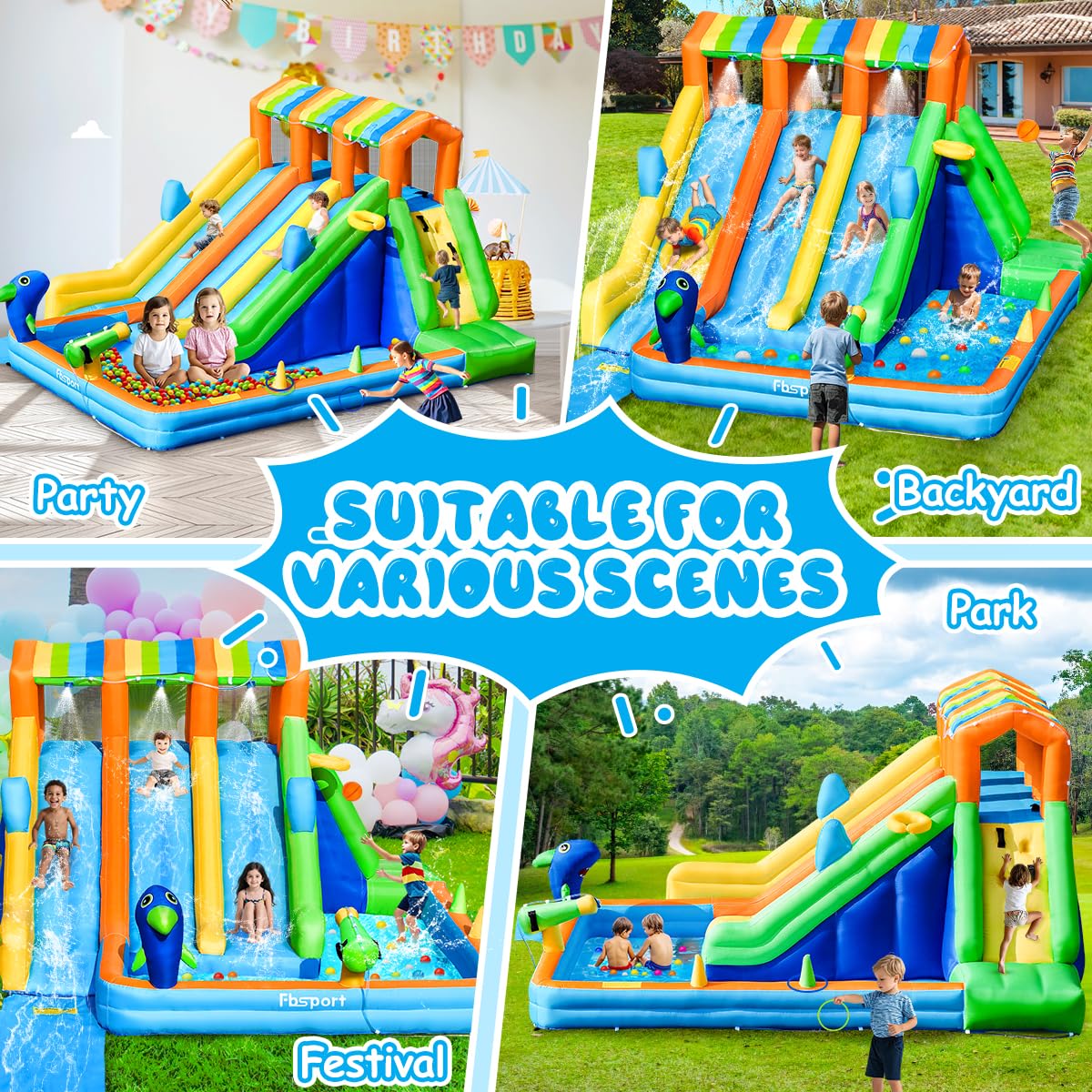 Inflatable Water Bounce House with Triple Slide and Splash Pool