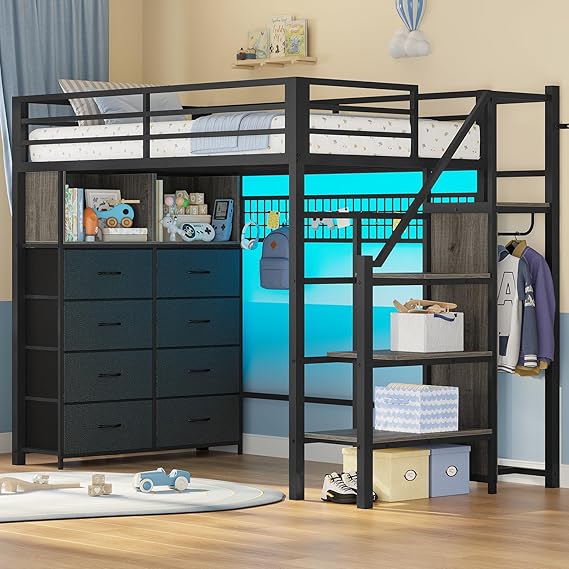 Twin Size Loft Bed with Storage Stairs, 8 Drawers
