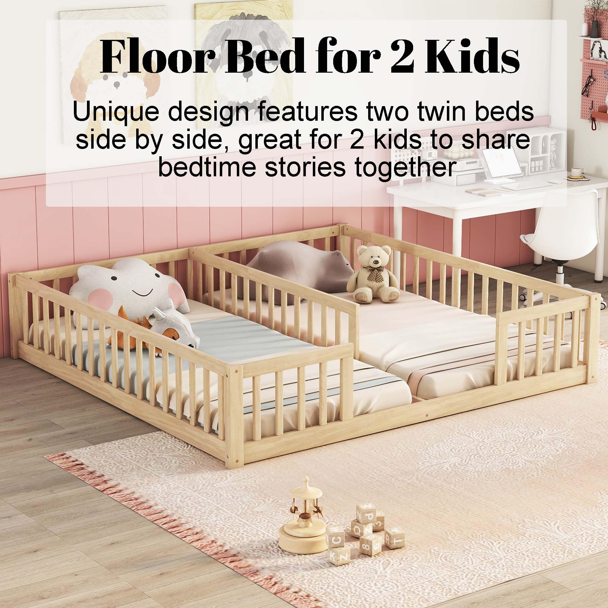 Montessori Floor Bed for 2 Kids with Fence Railings