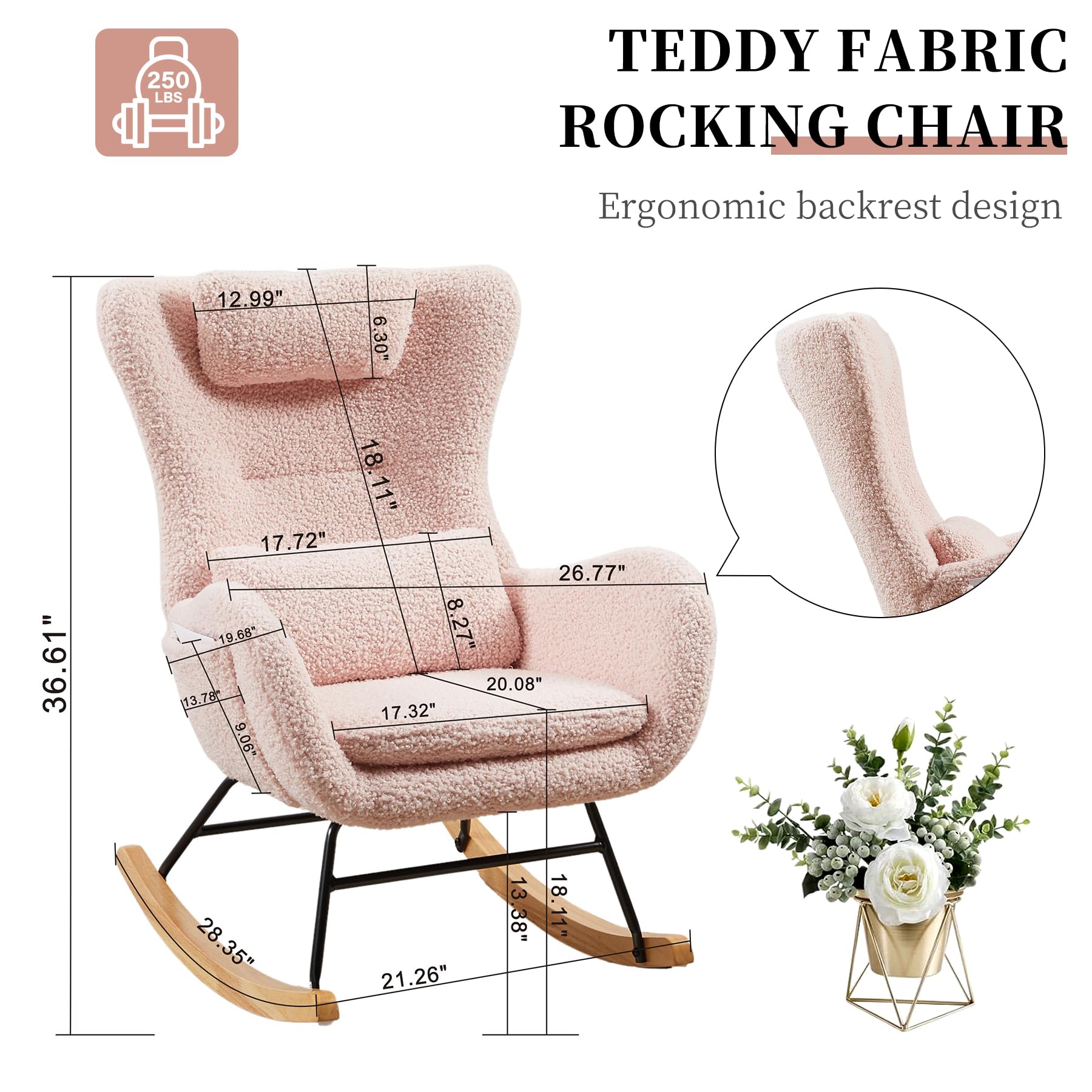 Nursery Rocking Chair with Adjustable Headrest and Lumbar Support