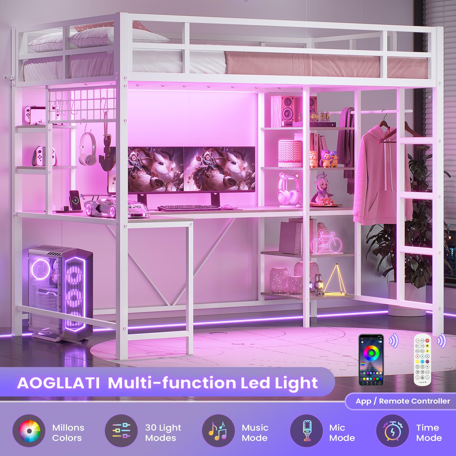 Twin Loft Bed with L-Shaped Desk and Charging Station