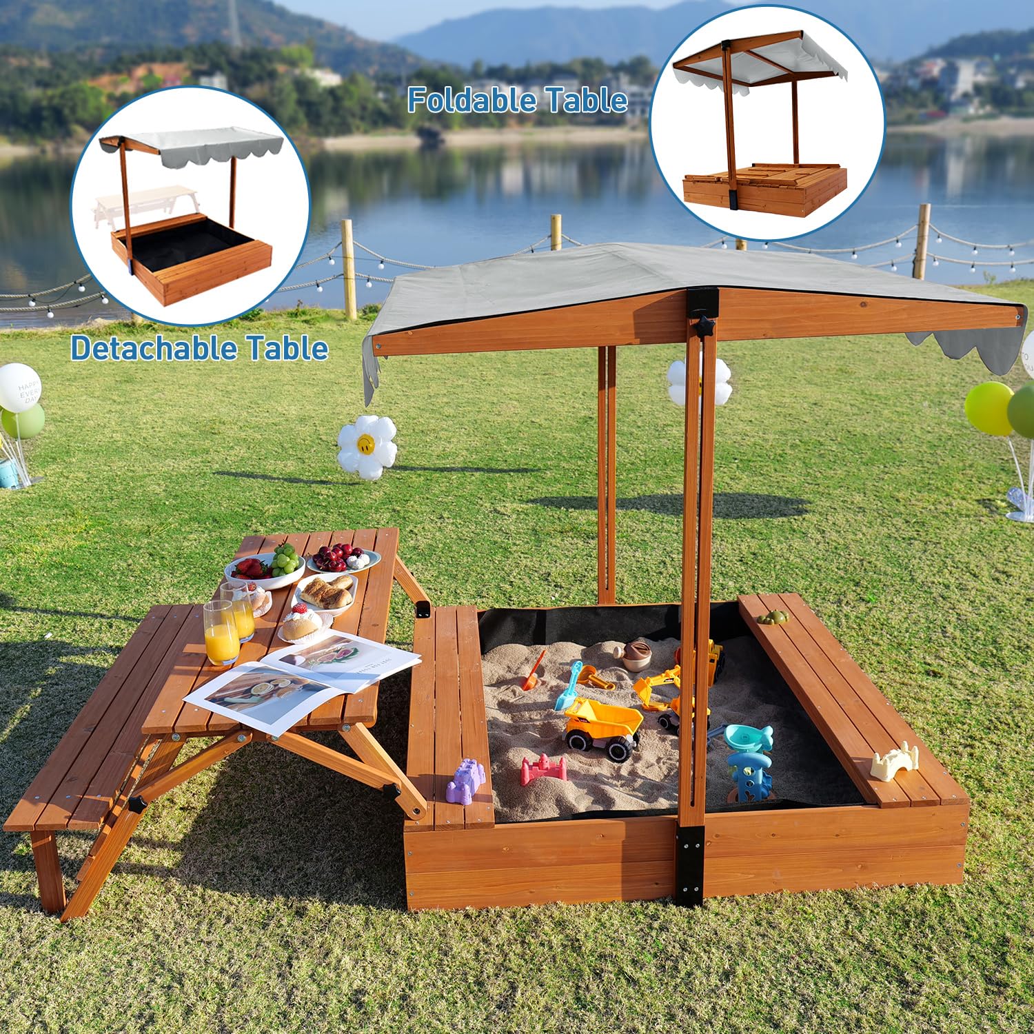 Wooden Kids Sandbox with Adjustable Canopy and Convertible Picnic Table