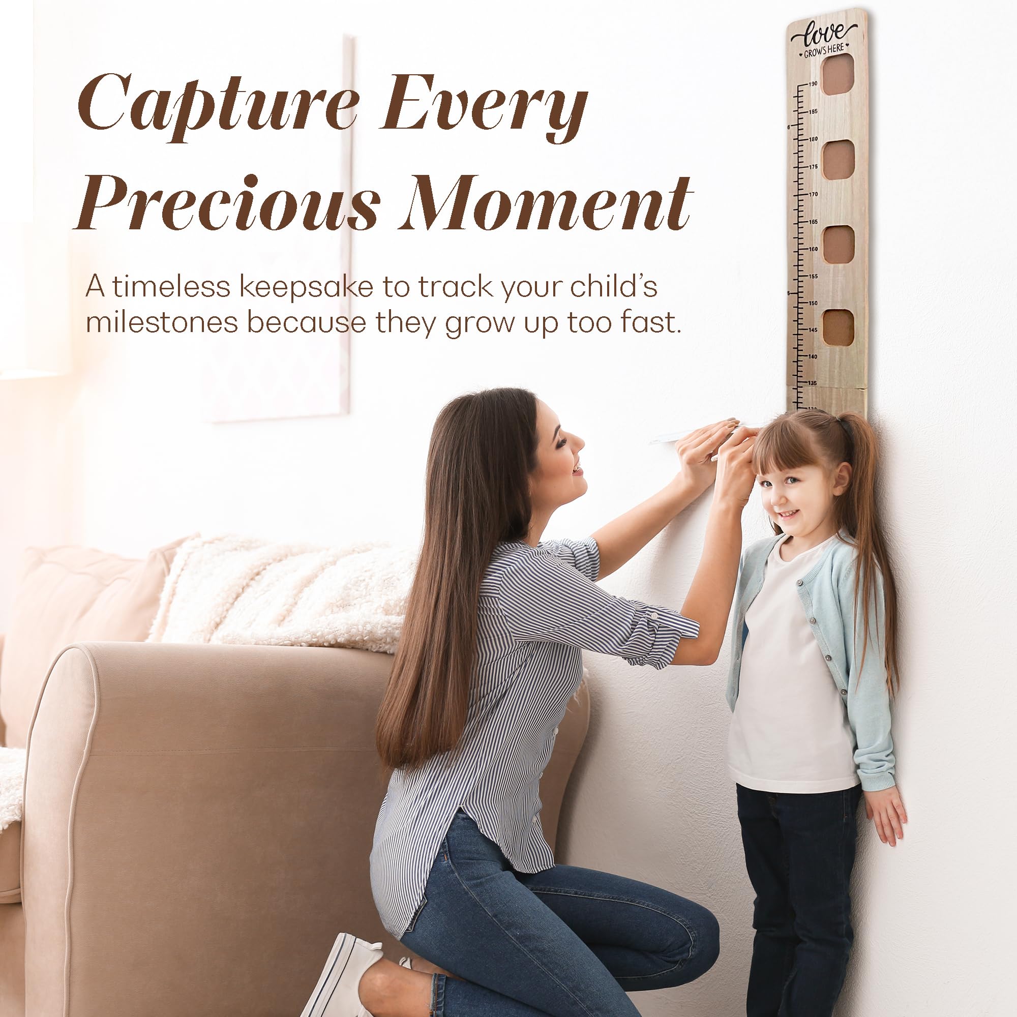 Wooden Growth Chart for Wall with Picture Slots