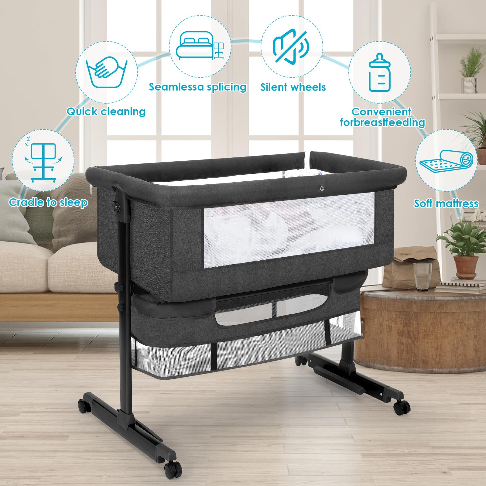 Bedside Baby Bassinet with Wheels