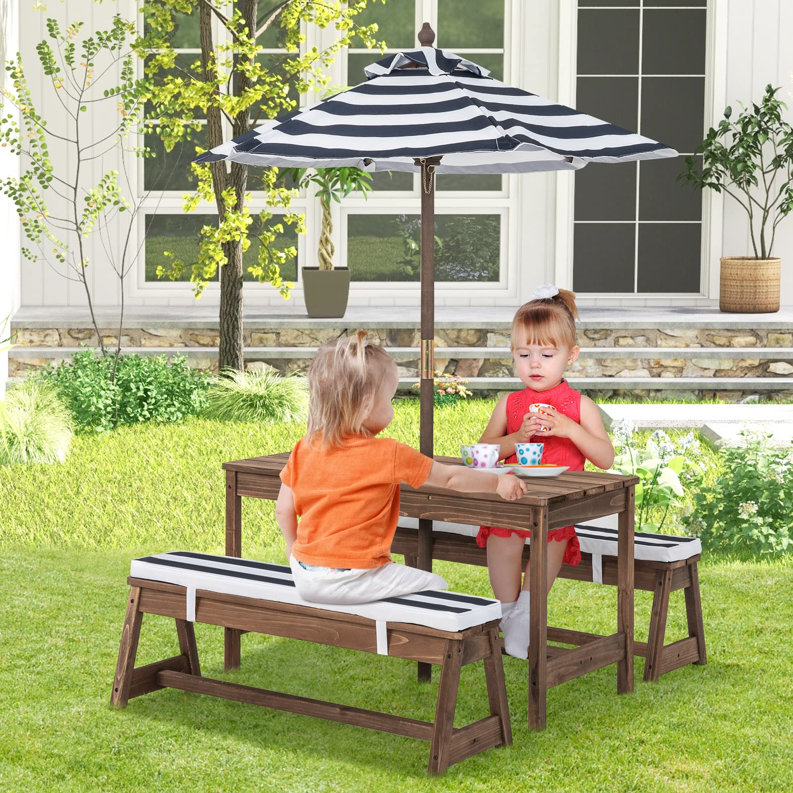 Kids Picnic Table, Outdoor Wooden Table & Bench Set w/Removable Cushions and Umbrella