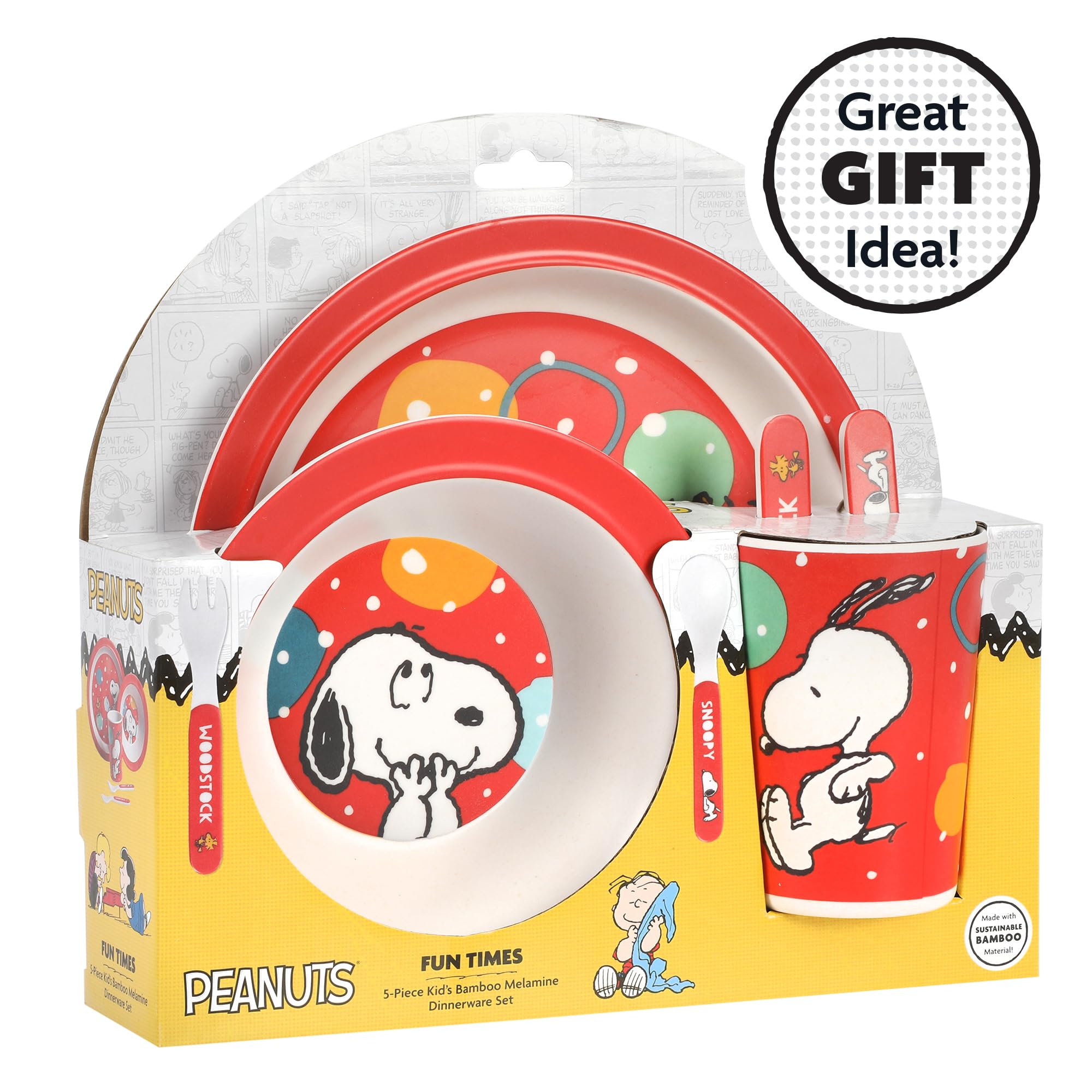 Snoopy Fun Times 5-Piece Bamboo Melamine Dinnerware Set For Kids - Red