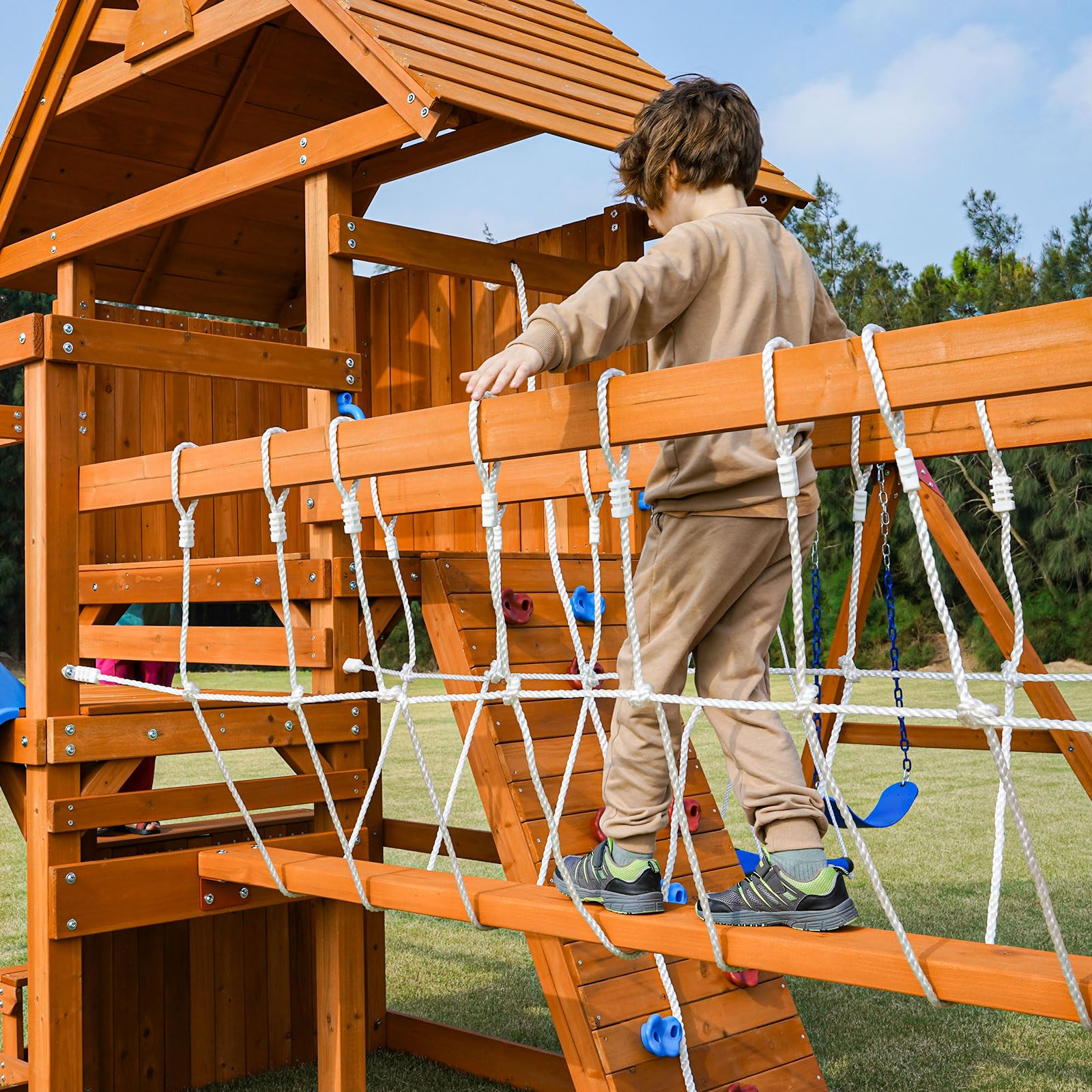 Wooden Swing Set with Monkey Bar Plank Bridge Climbing Wall