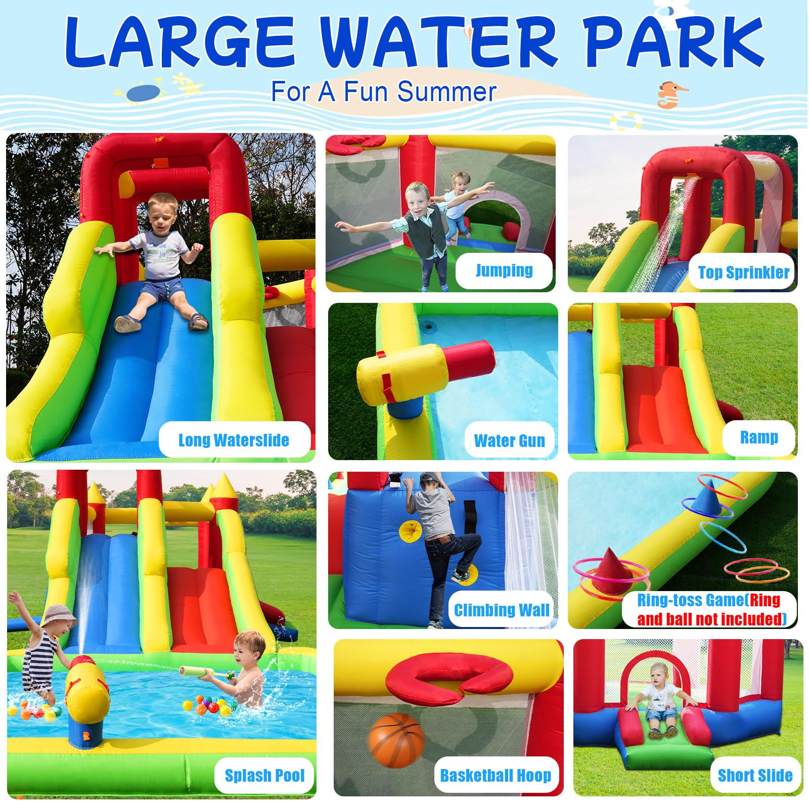 10-in-1 Inflatable Water Park with Dual Slides