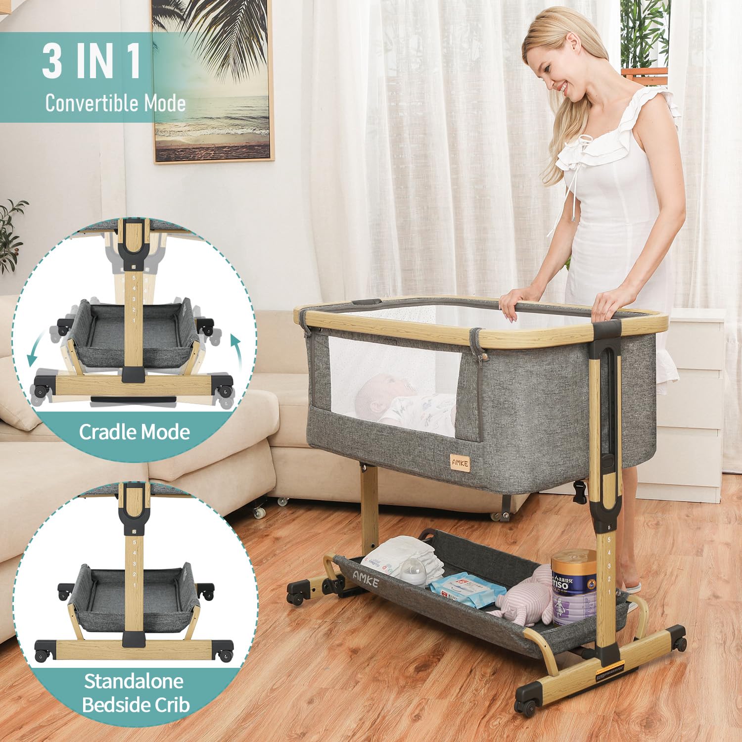 3-in-1 All-Mesh Baby Bassinet Bedside Sleeper