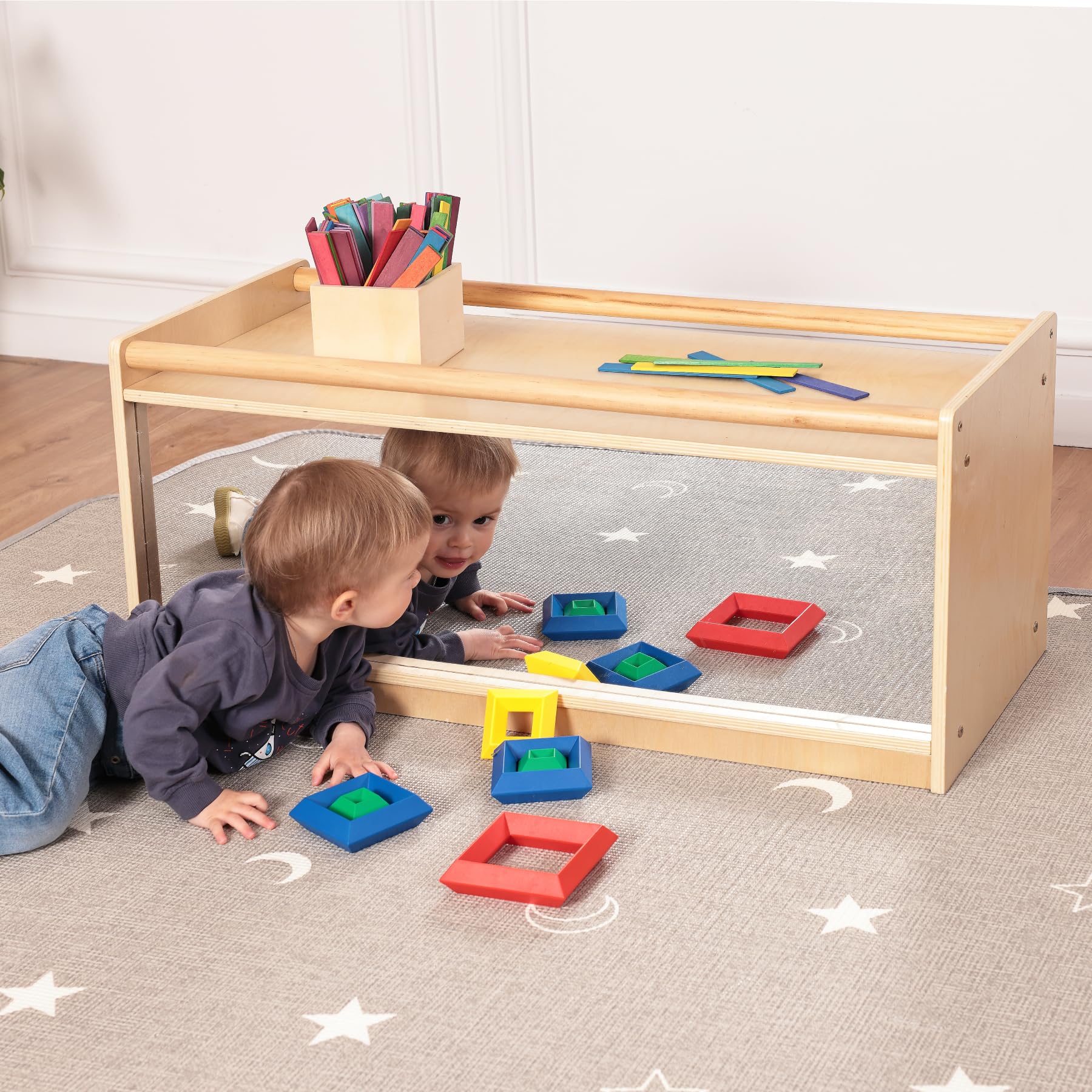 Toddler Toy Storage w/Mirror Back, Baby Preschool and Daycare Cubbies w/ 2 Top Holding