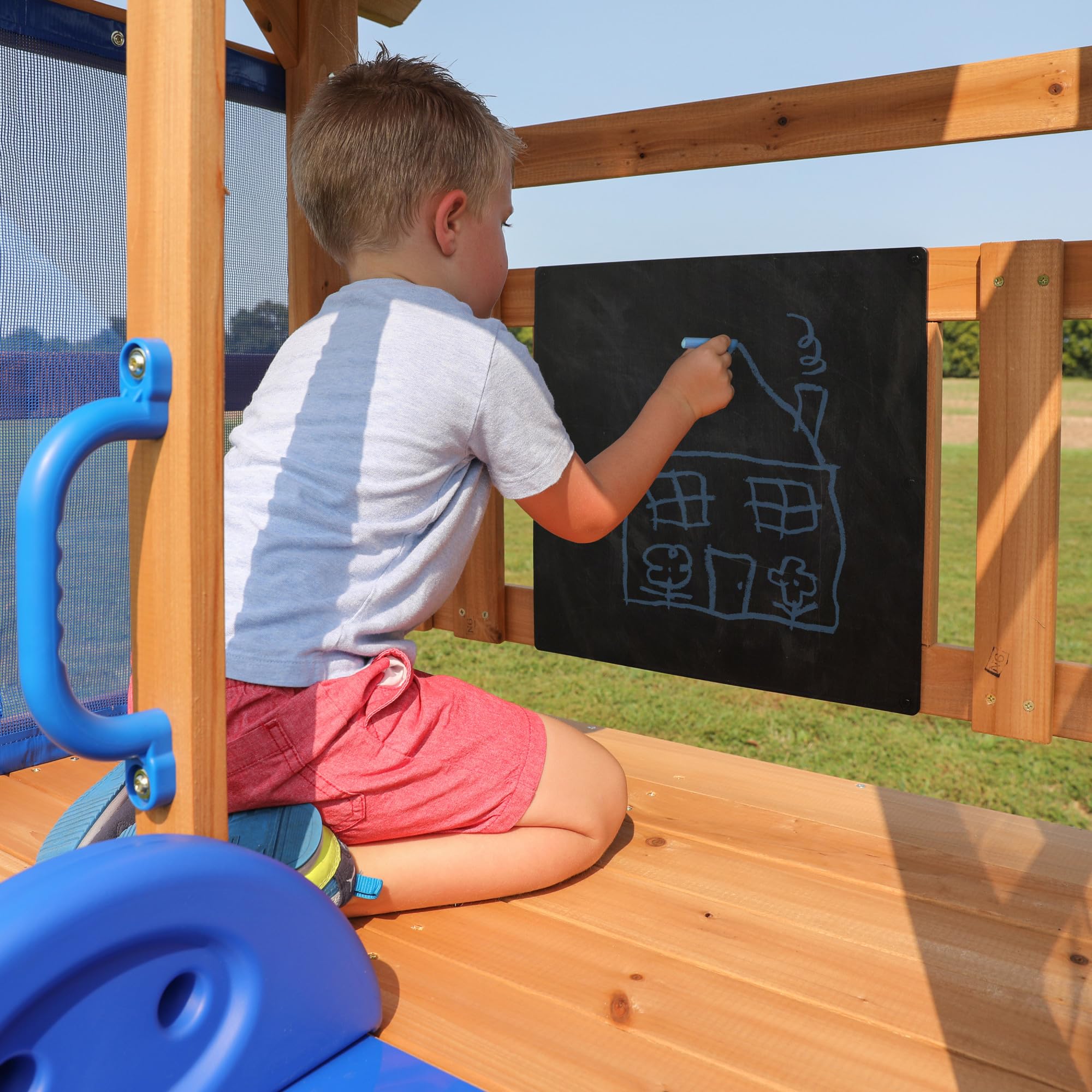 Cedar Wood Swing Set with Wave Slide and Play Deck for Kids