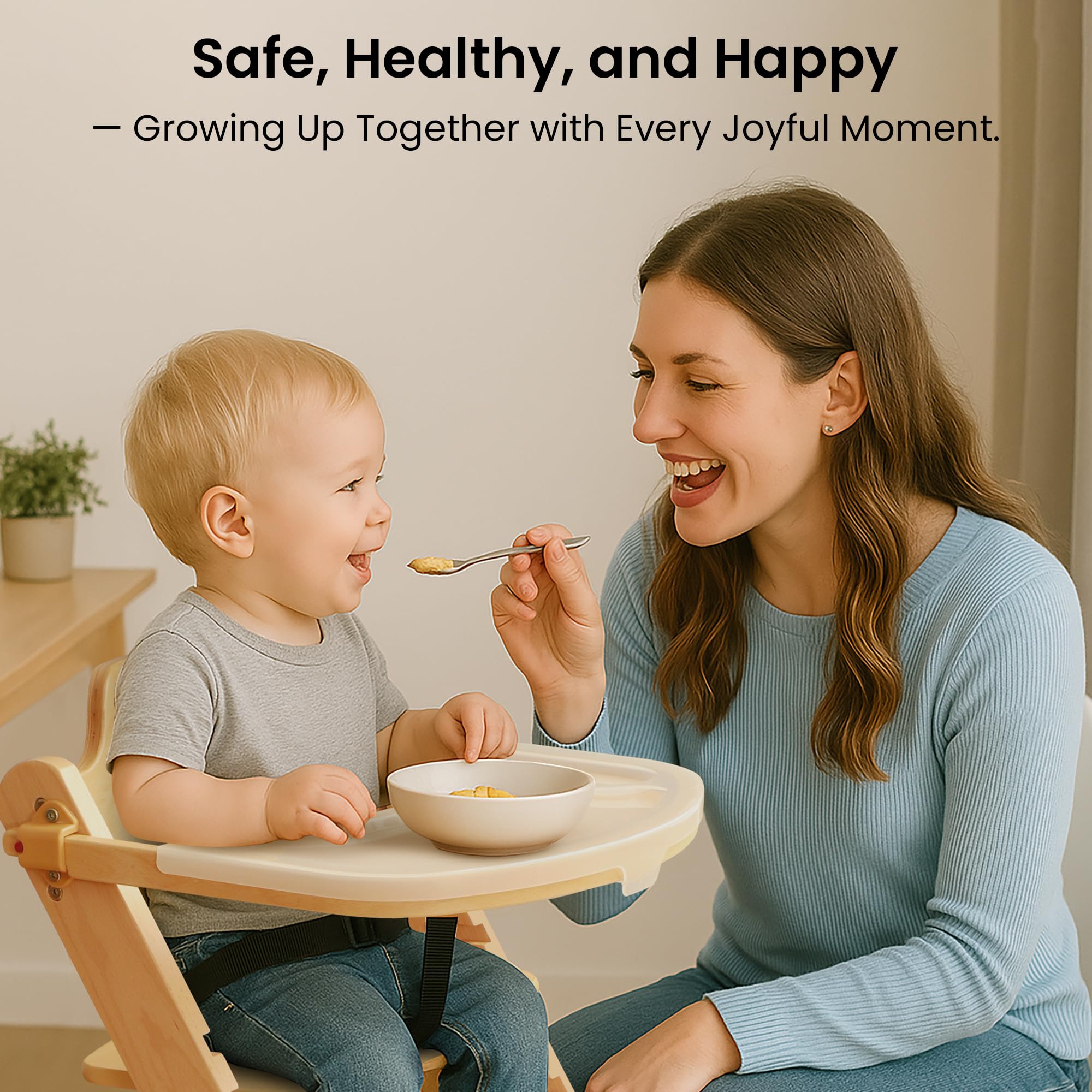 Adjustable Wooden High Chair with Removable Tray and Safety Harness