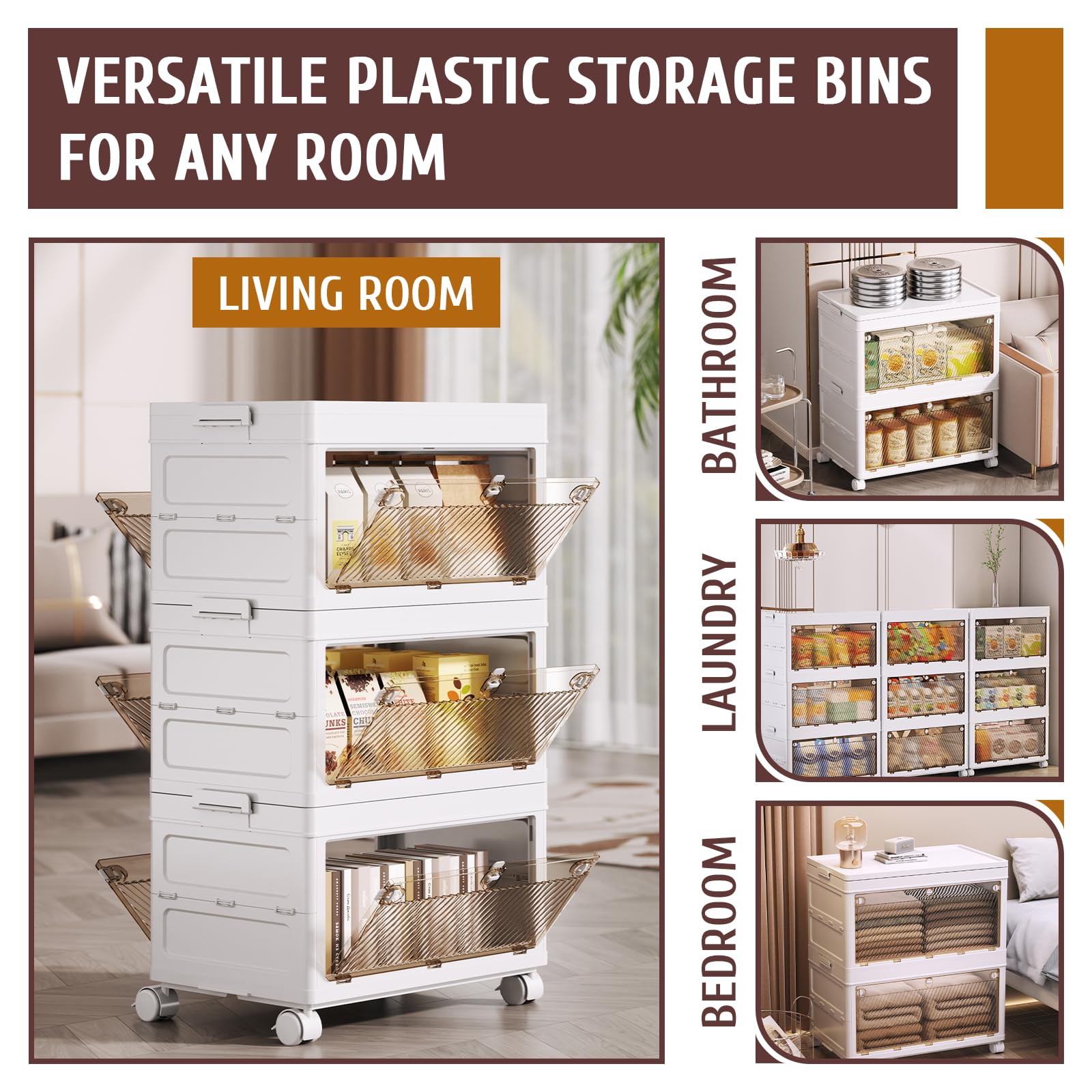 3-Tier Stackable Plastic Storage Bins with Drawers - 67QT Capacity