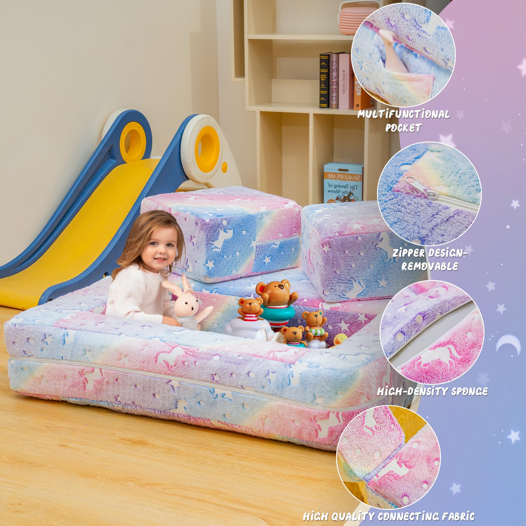 Lamerge Toddler Couch Glow in The Dark Toddler Fold Out Couch for playroom, Convertible Baby Fold Out Play Foam and Floor Cushion for Bedroom (Rainbow+Unicorn)