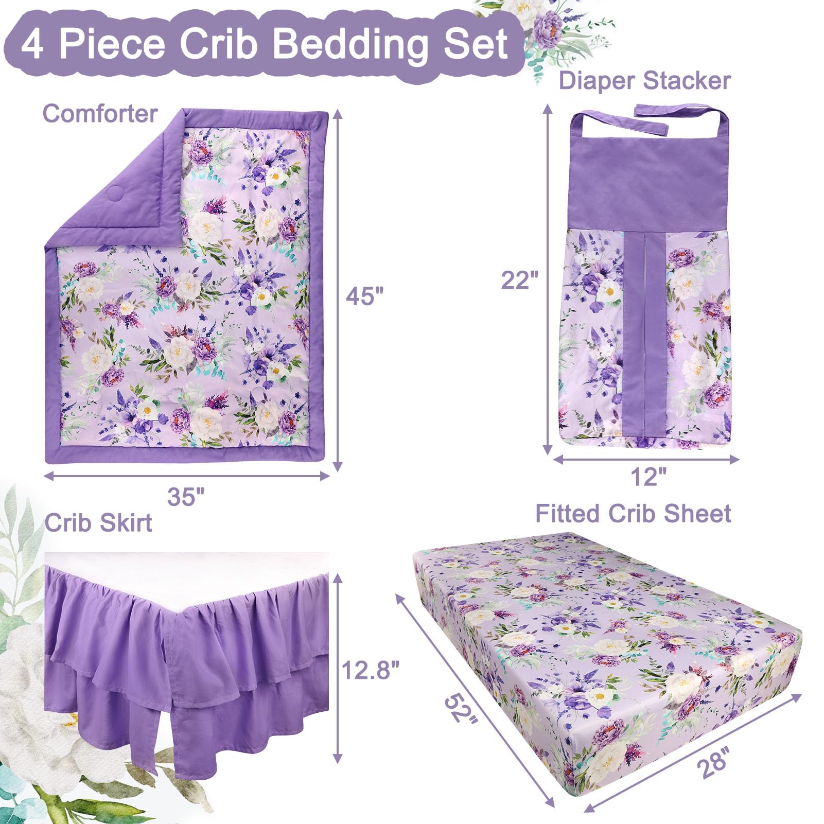 CARUILI Crib Bedding Set for Girls, Purple Baby Crib Bedding Set 4 Piece, Baby Girl Nursery Bedding Set Including Comforter, Fitted Crib Sheet, Crib Skirt, Diaper Stacker, Floral