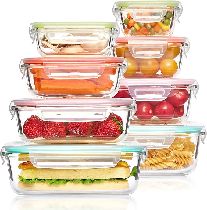 8 Pack Glass Food Storage Containers with Airtight Lids, Glass Meal Prep Containers