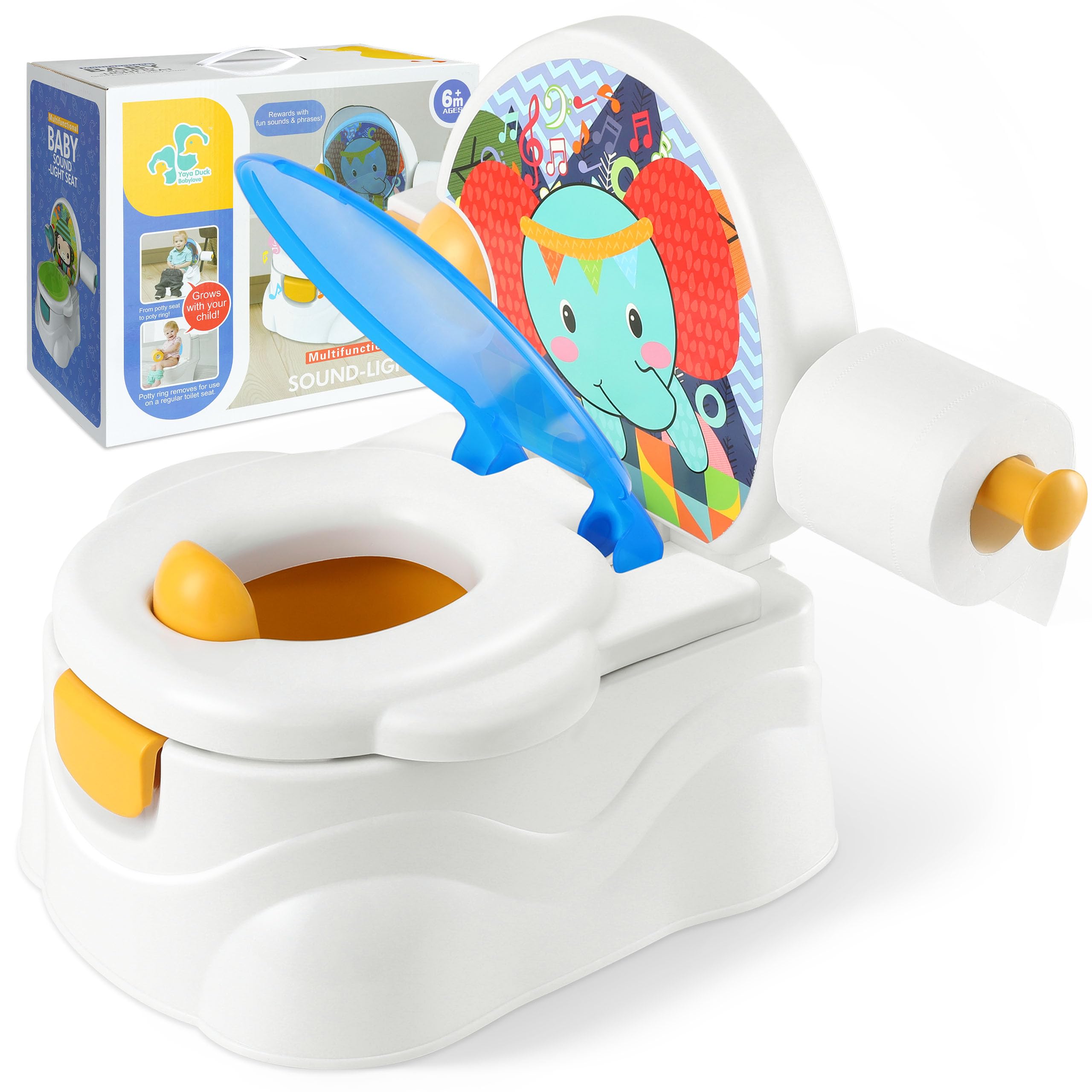 Looxii Potty Training Toilet, 2-in-1 Toddler Potty for Boys Girls Ages 1-3, Portable Training Seat with Toilet Paper Holder & Cheering Sound, Cute & Realistic Feel, Up to 50 Pounds,Elephant Blue
