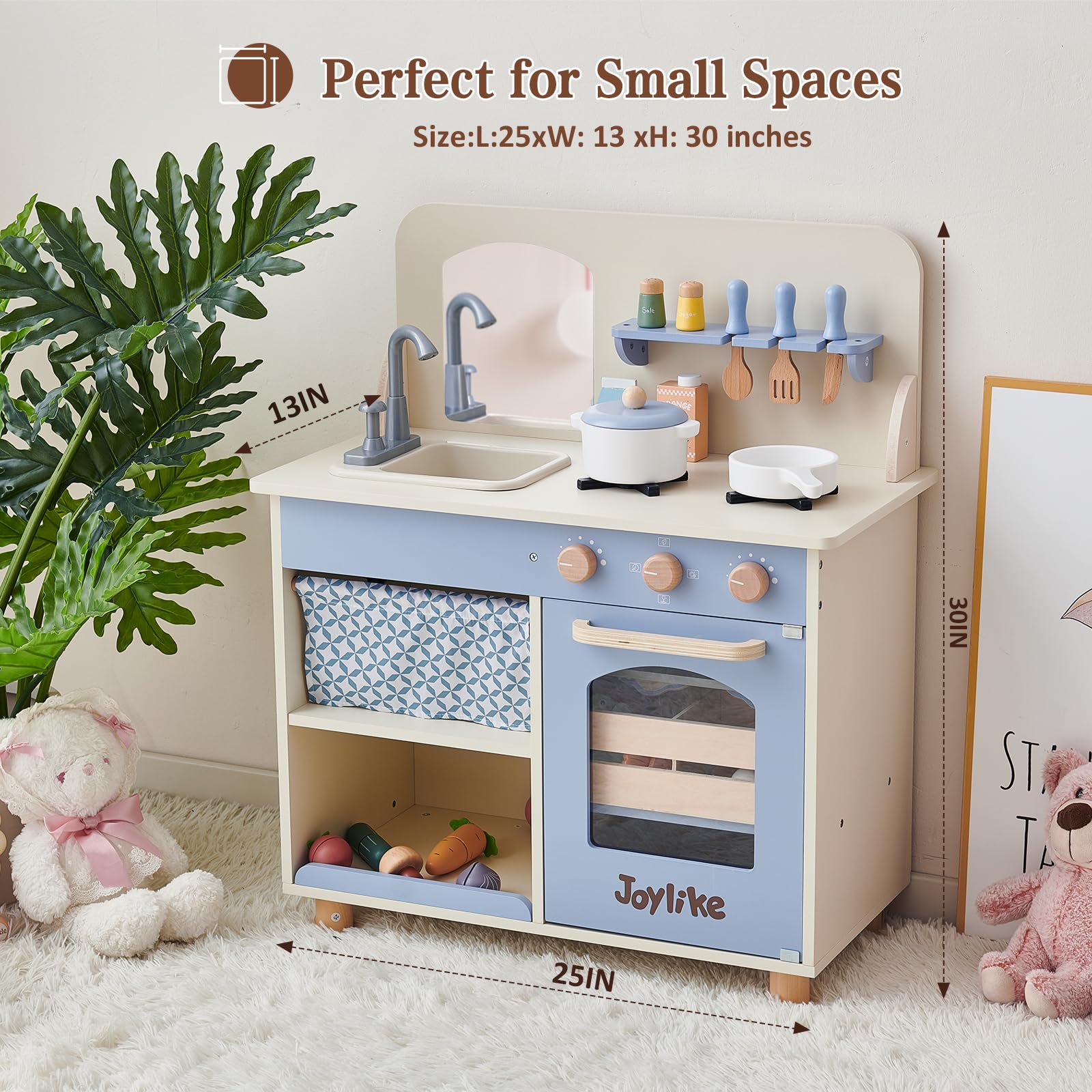 Joylike Wooden Kitchen Playset for Kids, Toddler Play Kitchen with 32Pcs Accessories Cutting Food Set, Stove & Water Sink, Pretend Play Toy for Kids Ages 3+