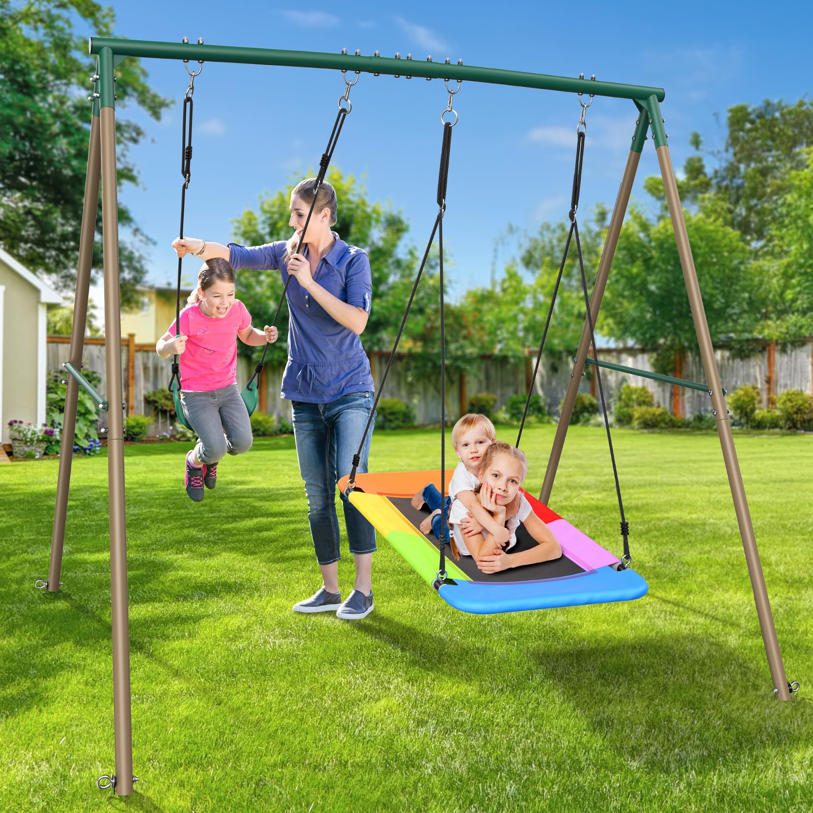 Swing Sets for Backyard with 45" Platform Saucer Swing and Belt Swing